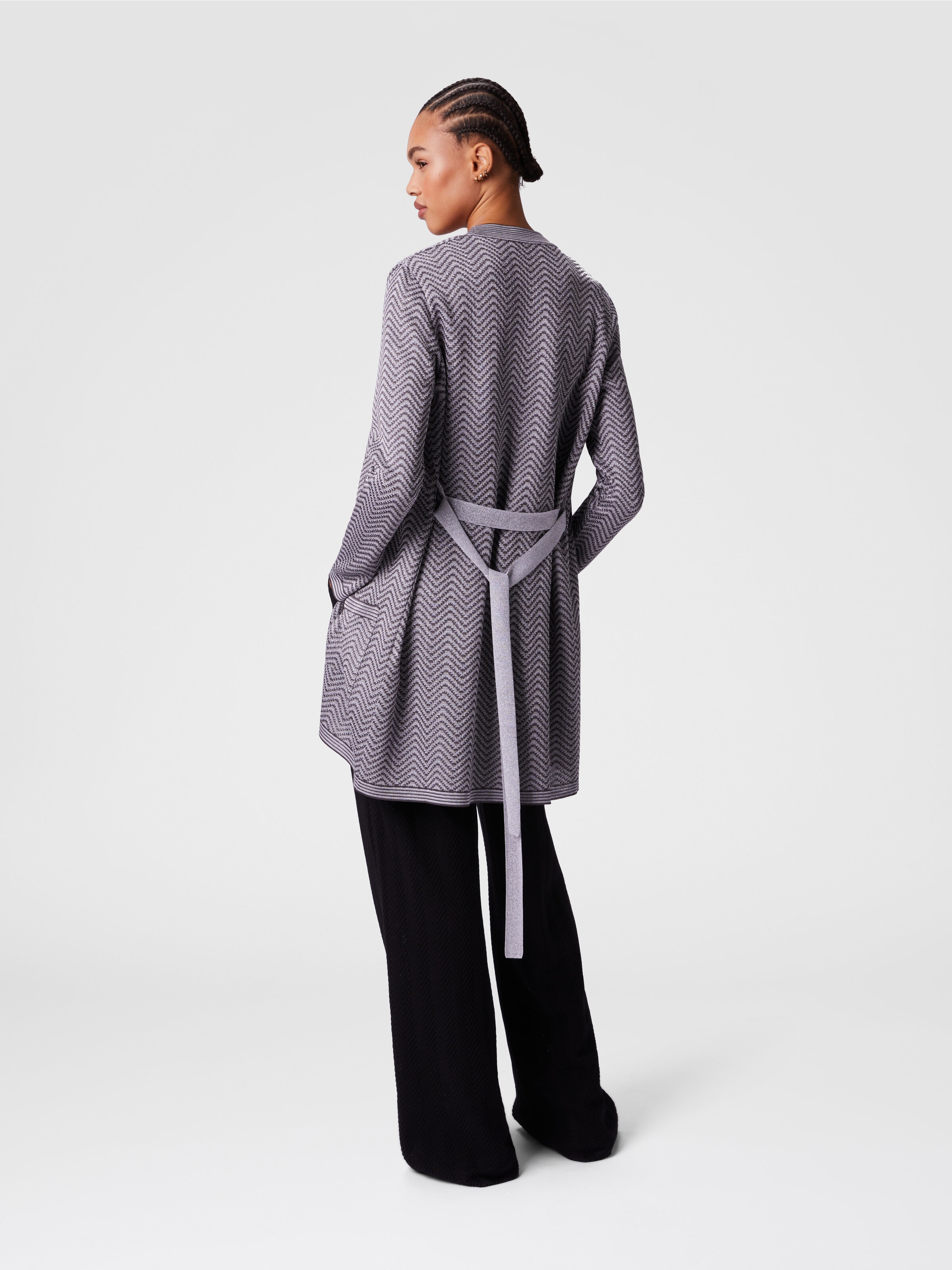 Cardigan wave pattern with belt, Silver & Grey  - 2