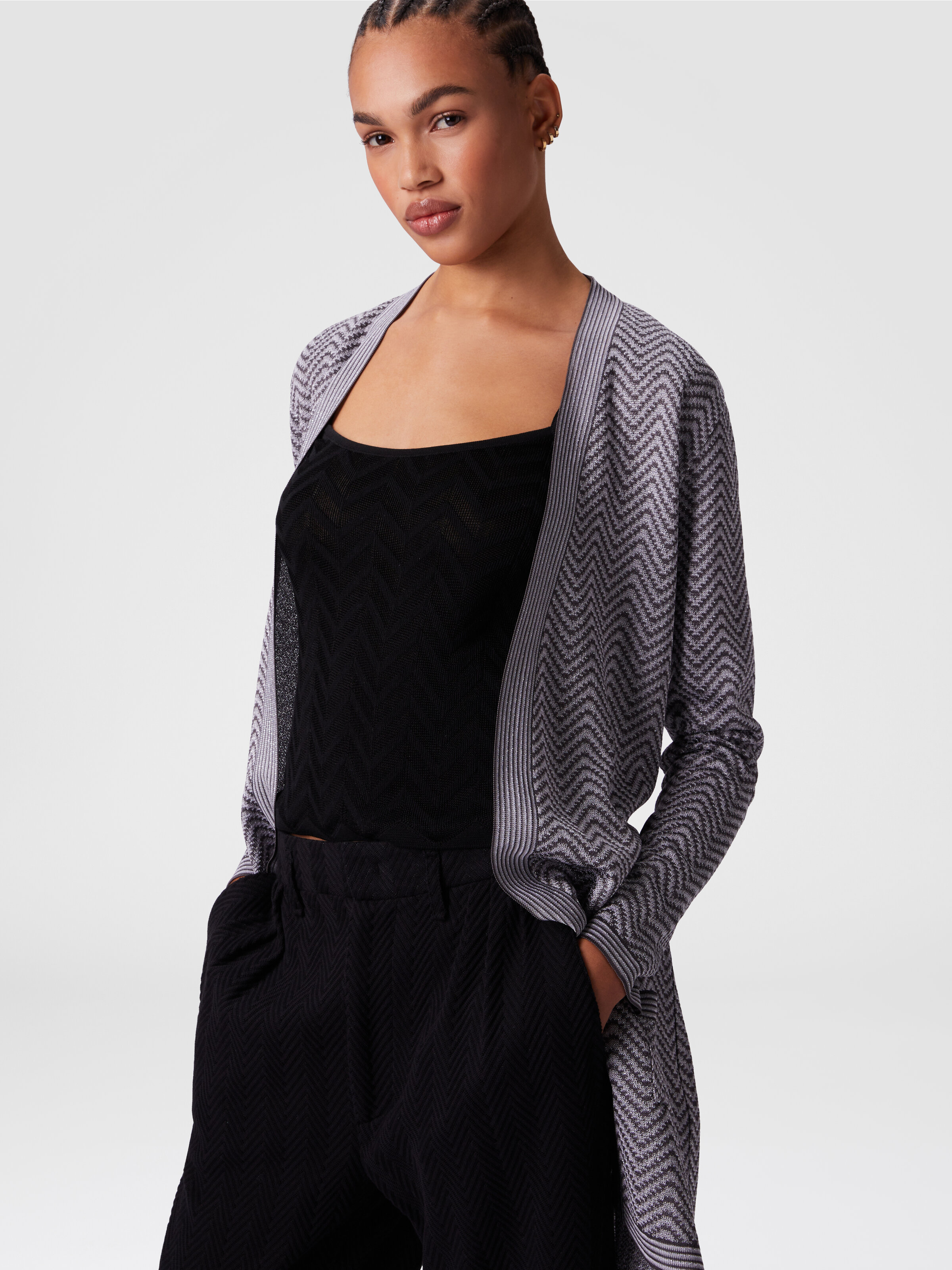 Cardigan wave pattern with belt, Silver & Grey  - 3