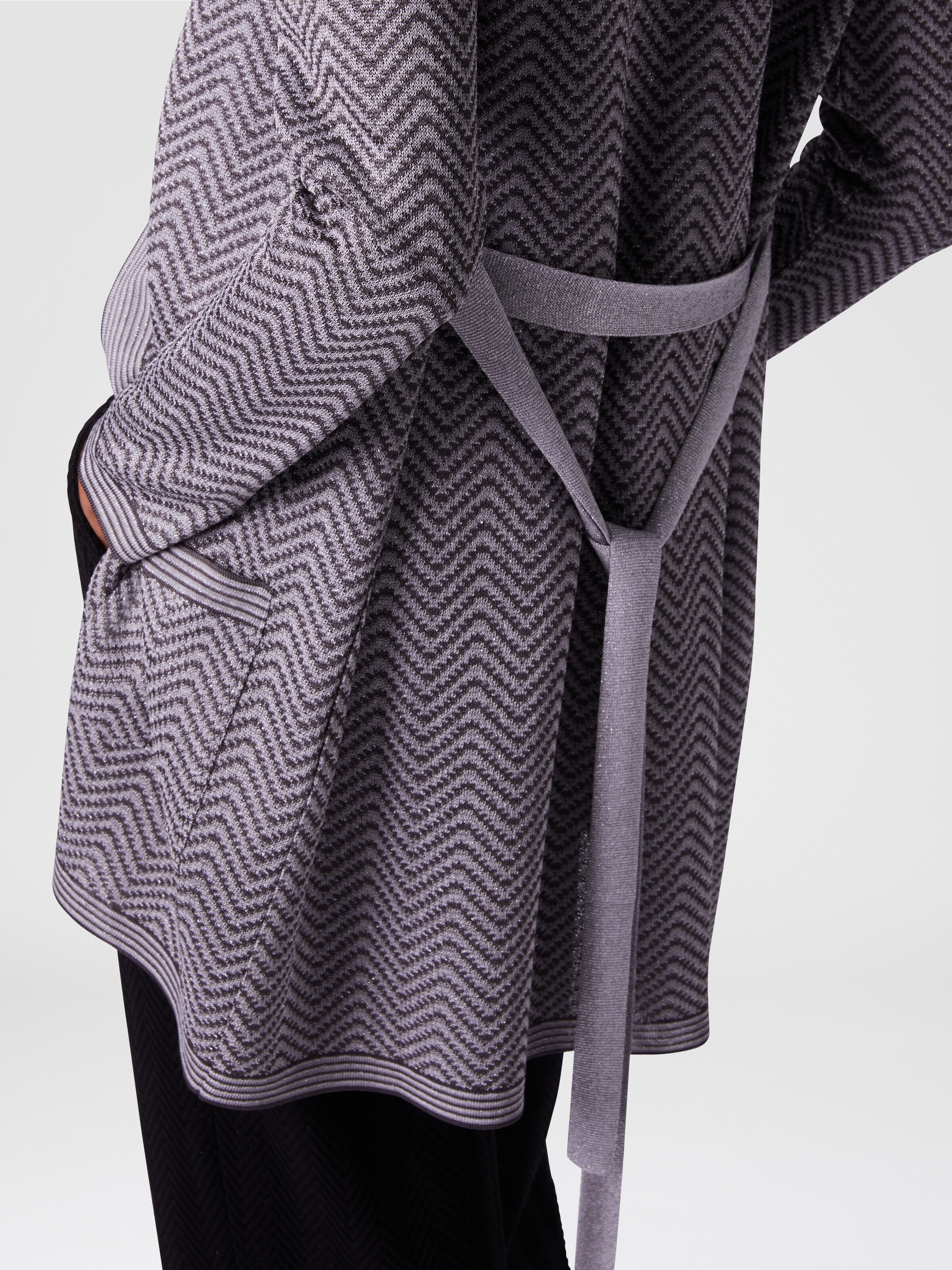 Cardigan wave pattern with belt, Silver & Grey  - 4