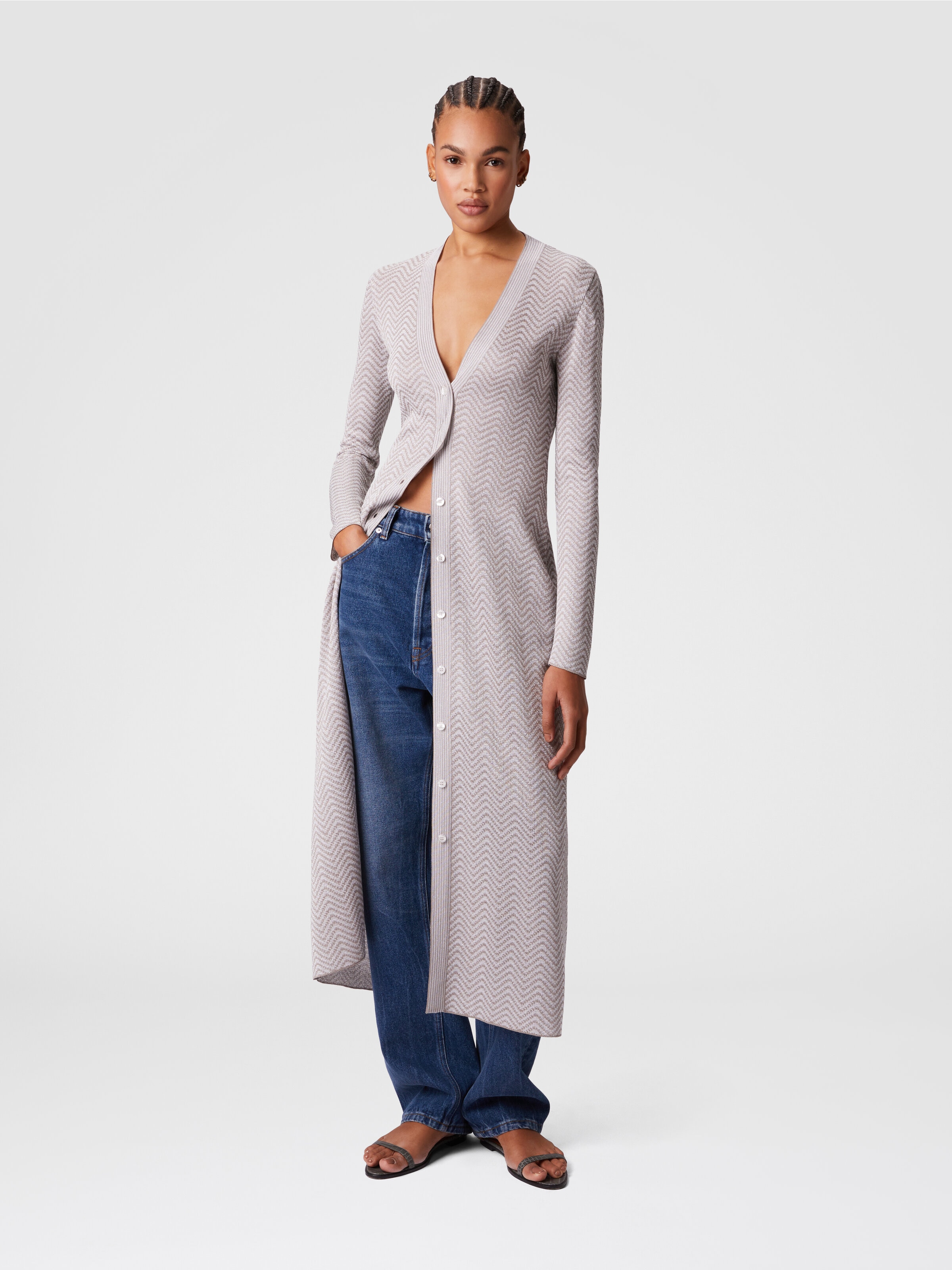 Long cardigan with wave pattern, White & Beige - 1