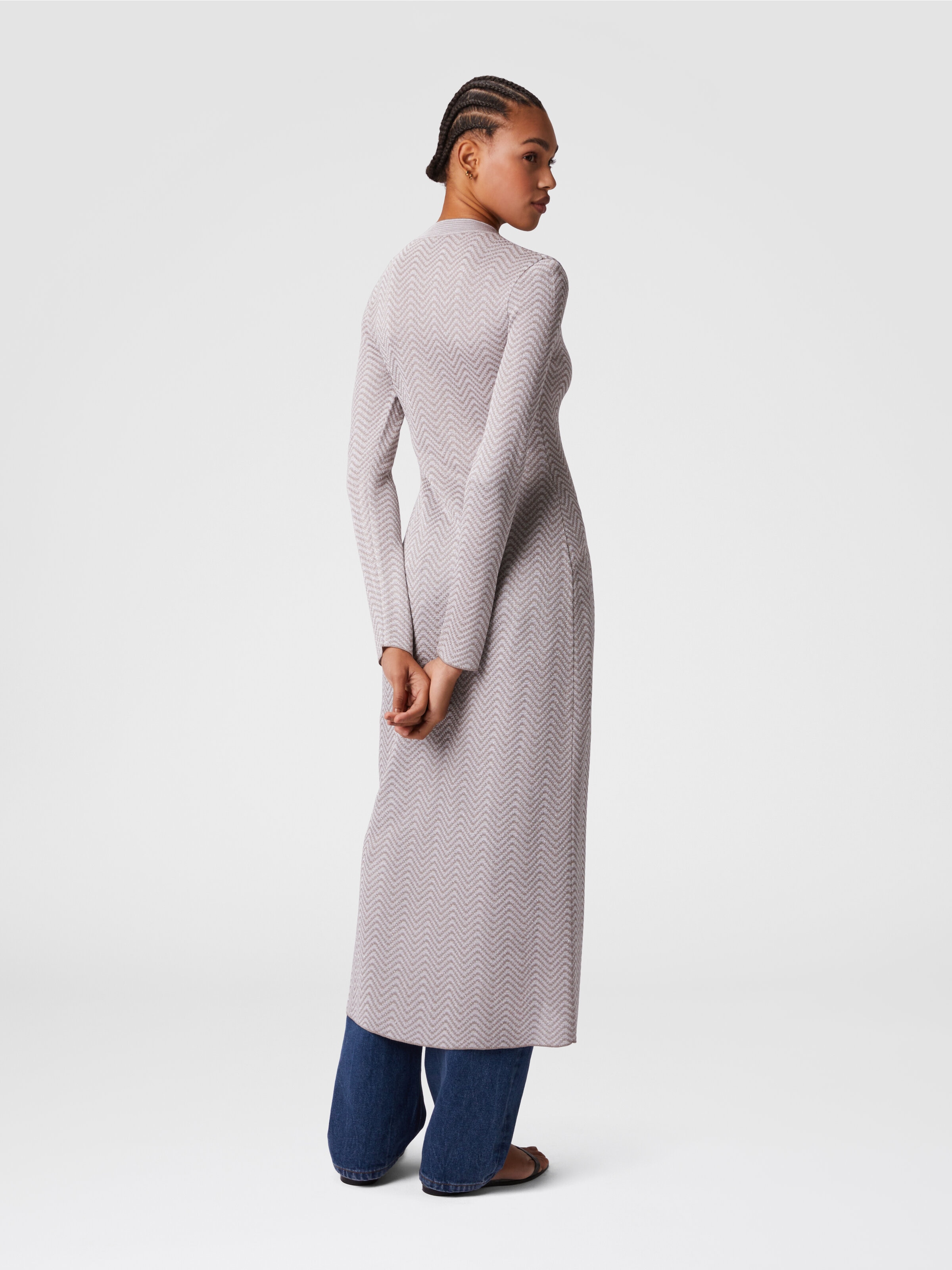 Long cardigan with wave pattern, White & Beige - 2