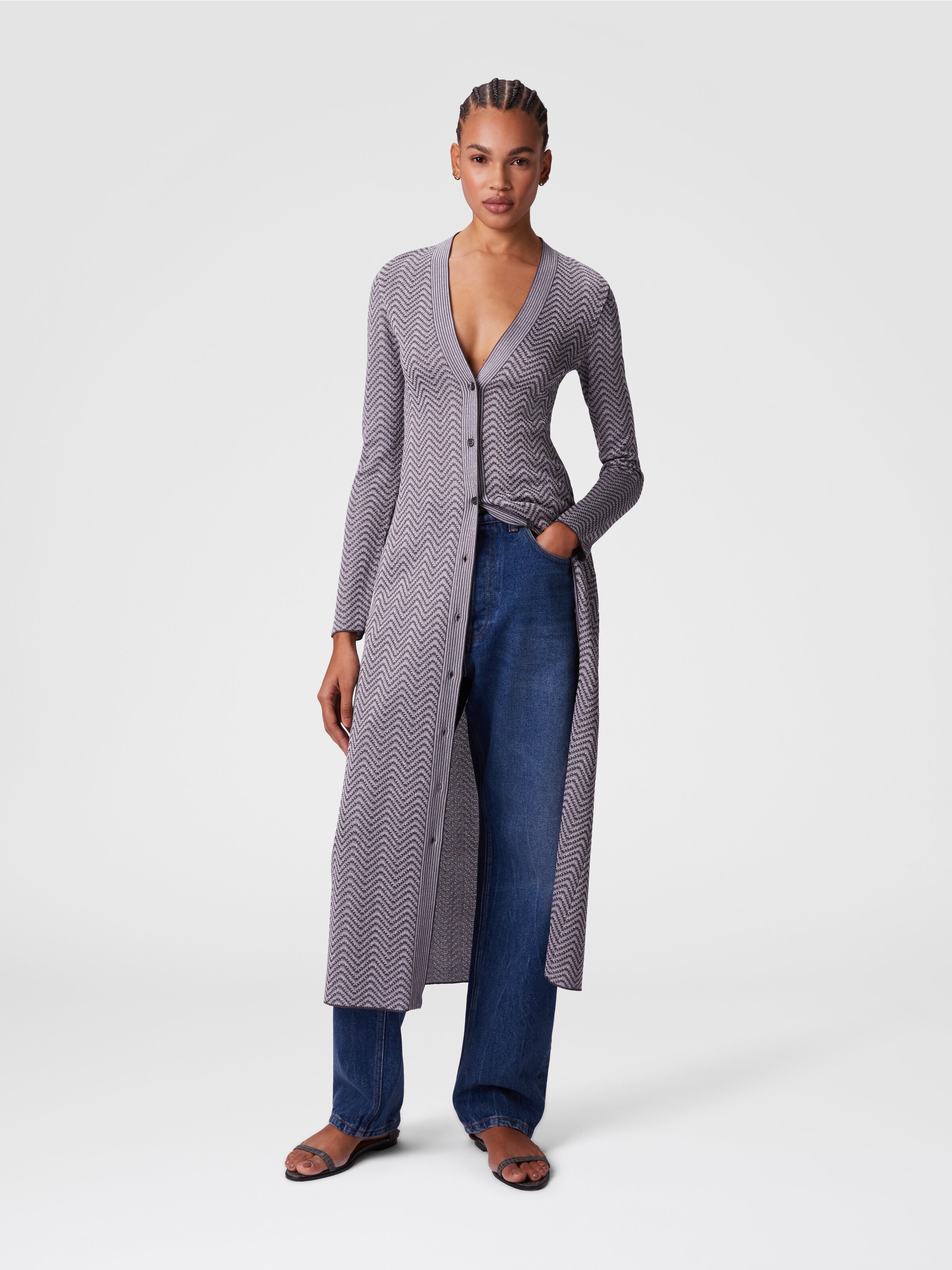 Long cardigan with wave pattern, Silver & Grey  - 1