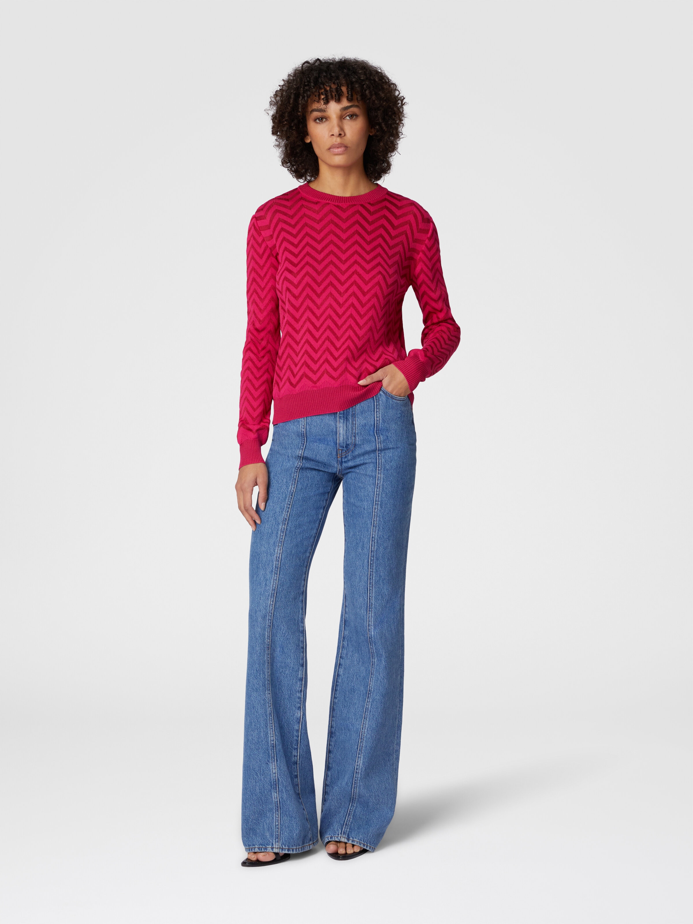 Tone-on-tone chevron crewneck sweater, Magenta Red - 1
