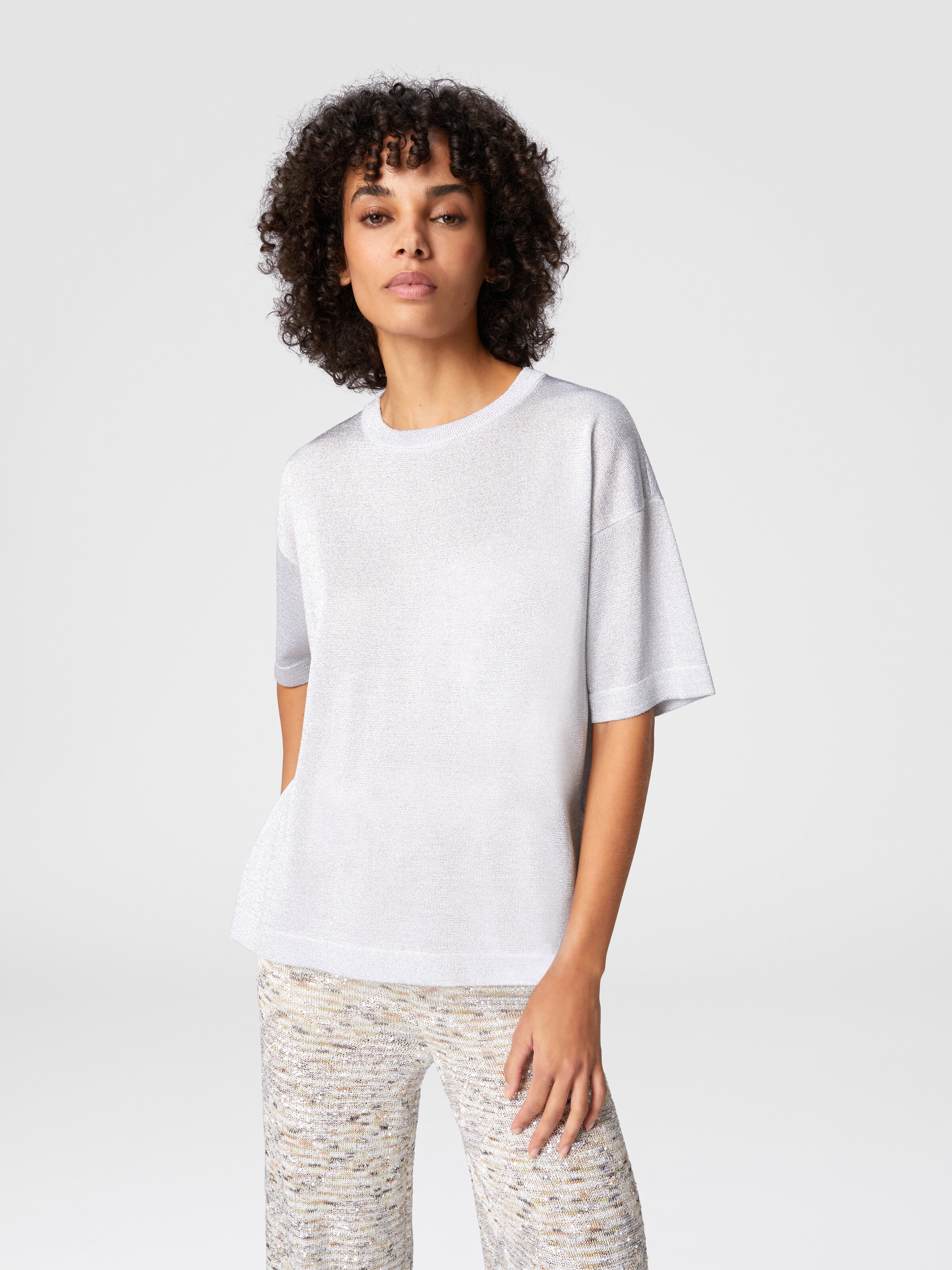 Maglia girocollo oversize in viscosa lamé con maniche cote, Argento - 3