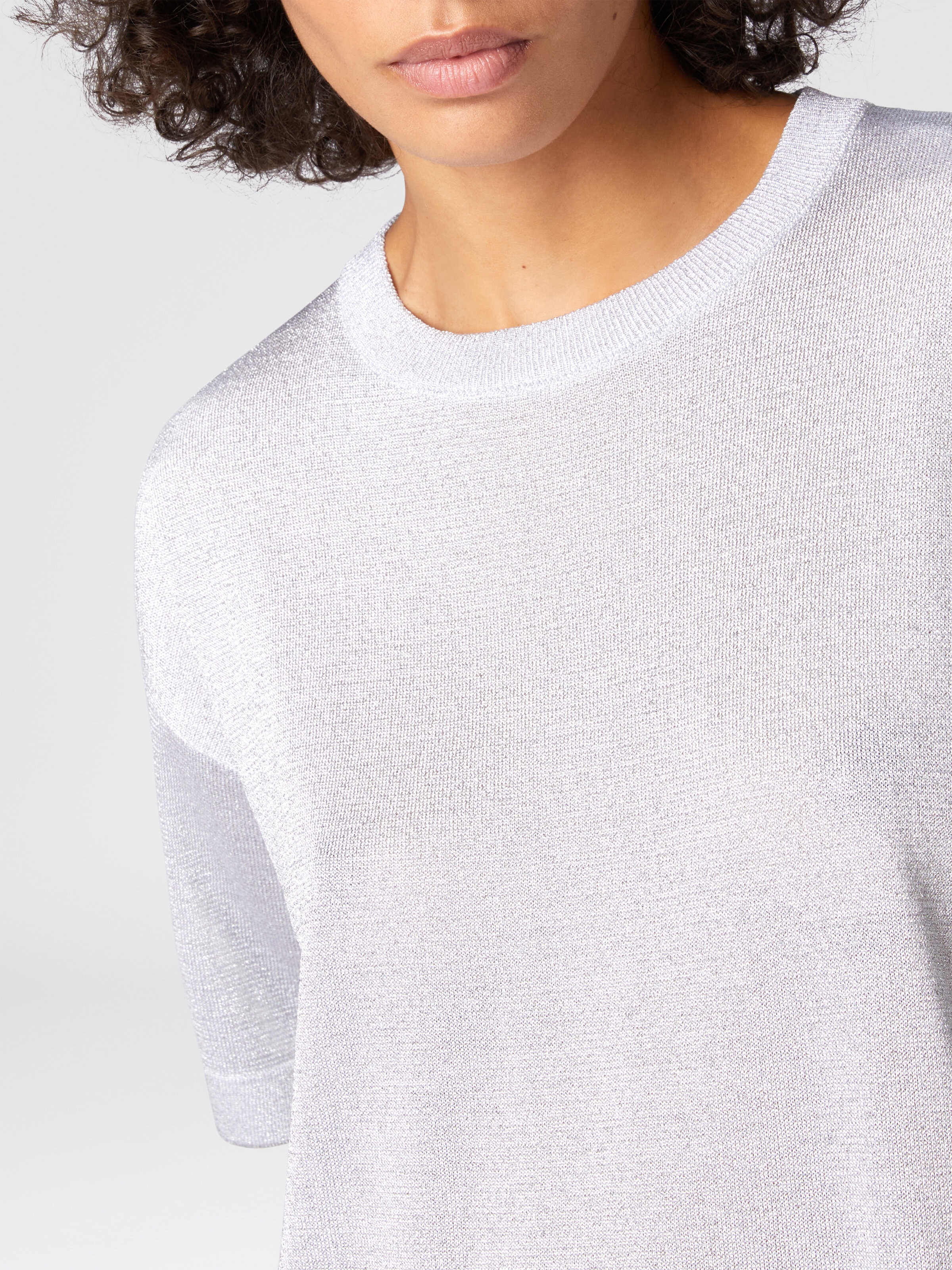 Maglia girocollo oversize in viscosa lamé con maniche cote, Argento - 4