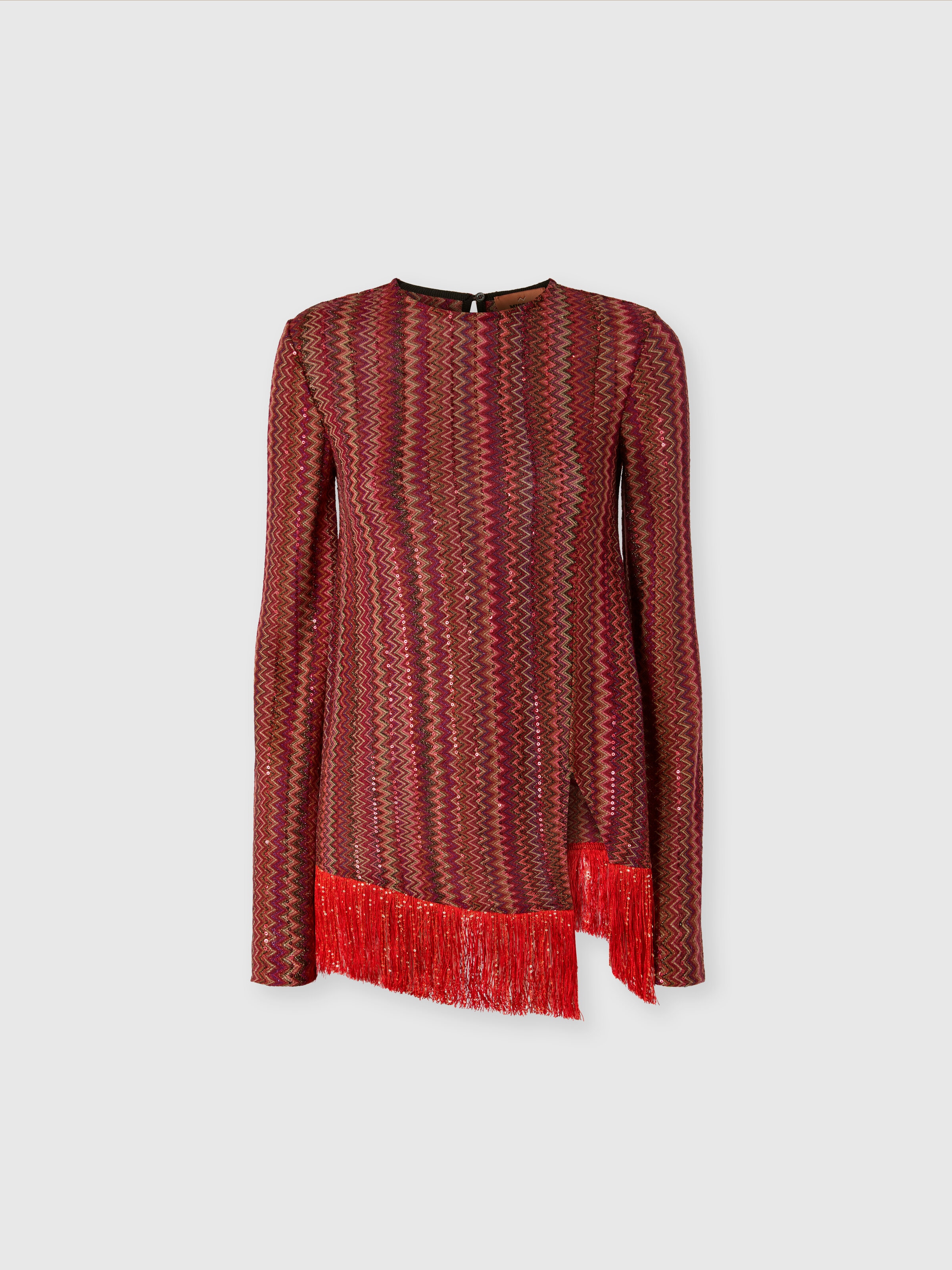 Zig zag sweater with sequins and asymmetrical hem with fringes, Multicoloured  - 0