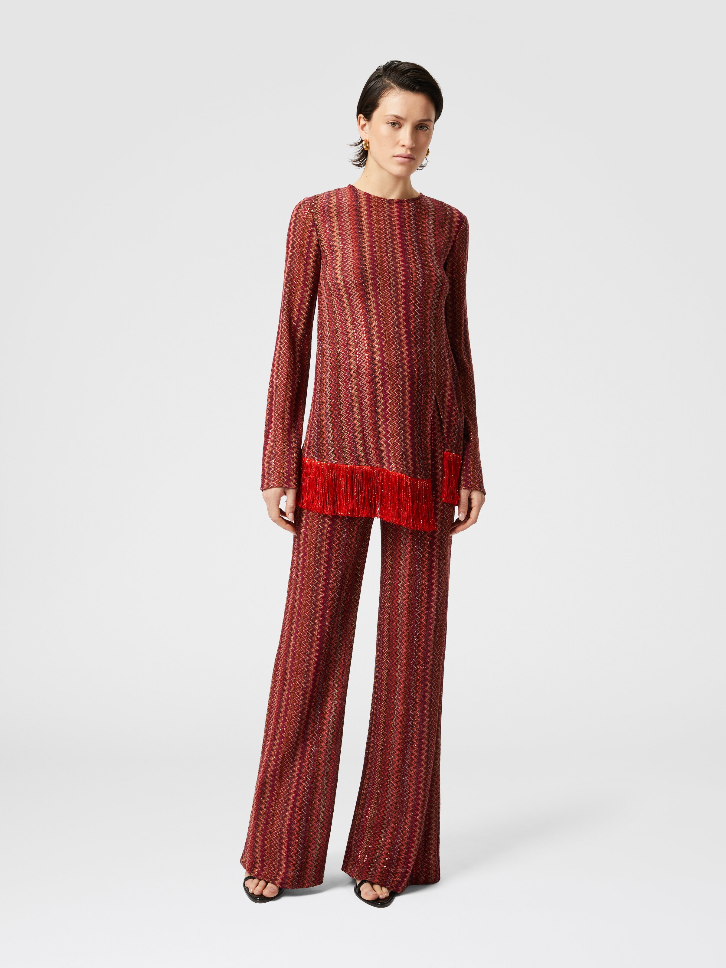 Zig zag sweater with sequins and asymmetrical hem with fringes, Multicoloured  - 1