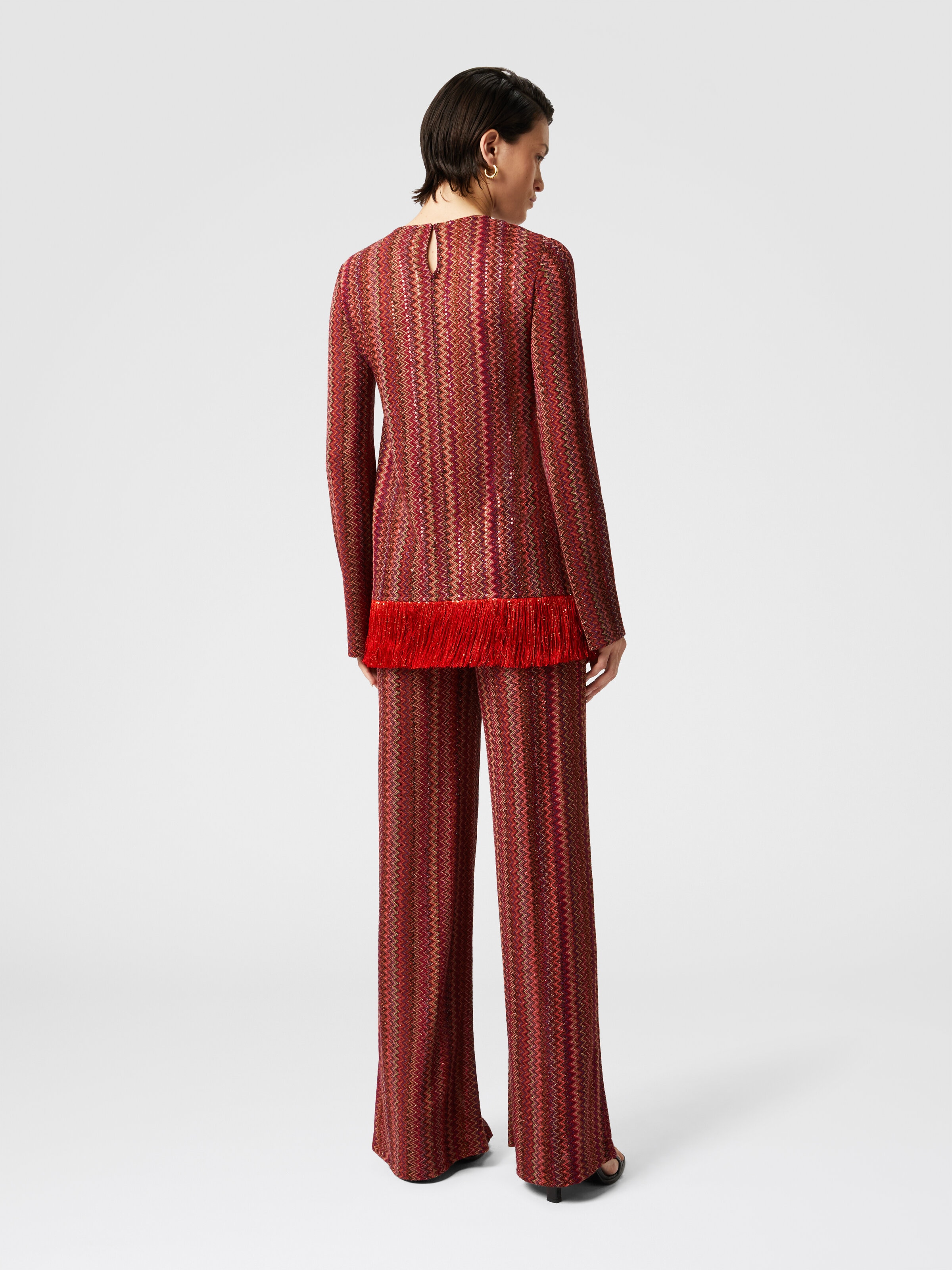 Zig zag sweater with sequins and asymmetrical hem with fringes, Multicoloured  - 2