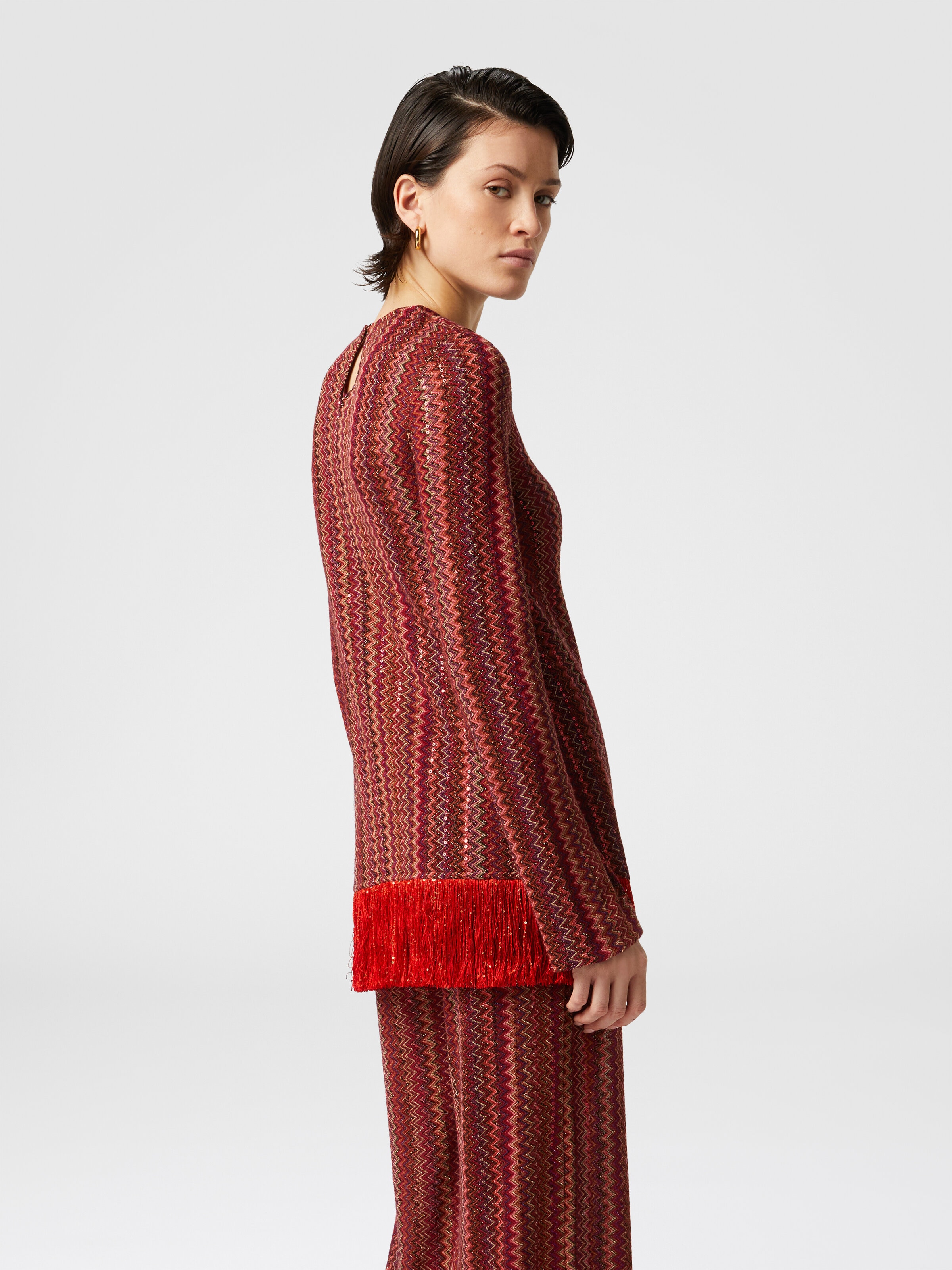 Zig zag sweater with sequins and asymmetrical hem with fringes, Multicoloured  - 3