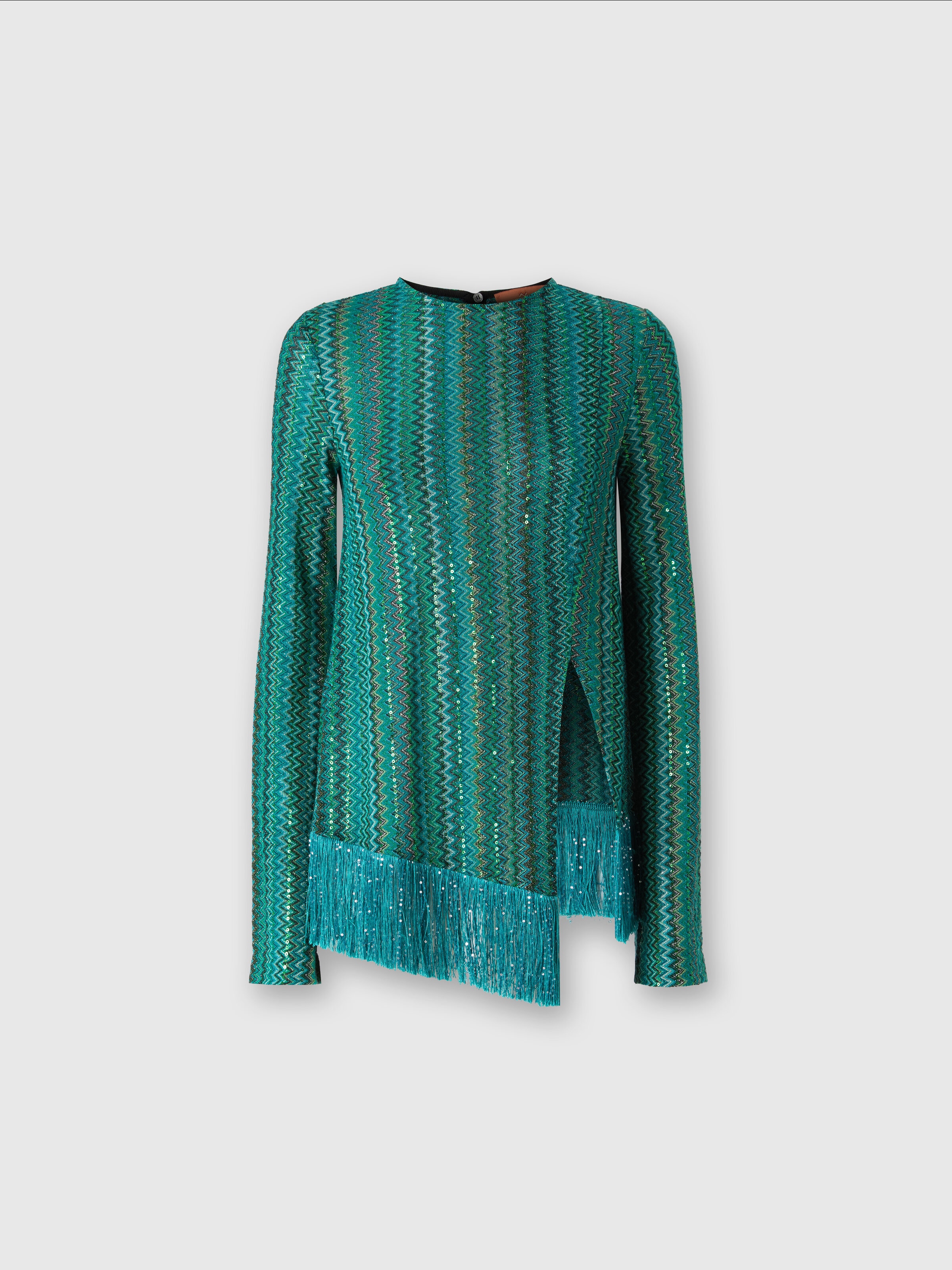 Zick-Zack-Pullover mit Pailletten und asymmetrischem Saum mit Fransen, Mehrfarbig  - 0