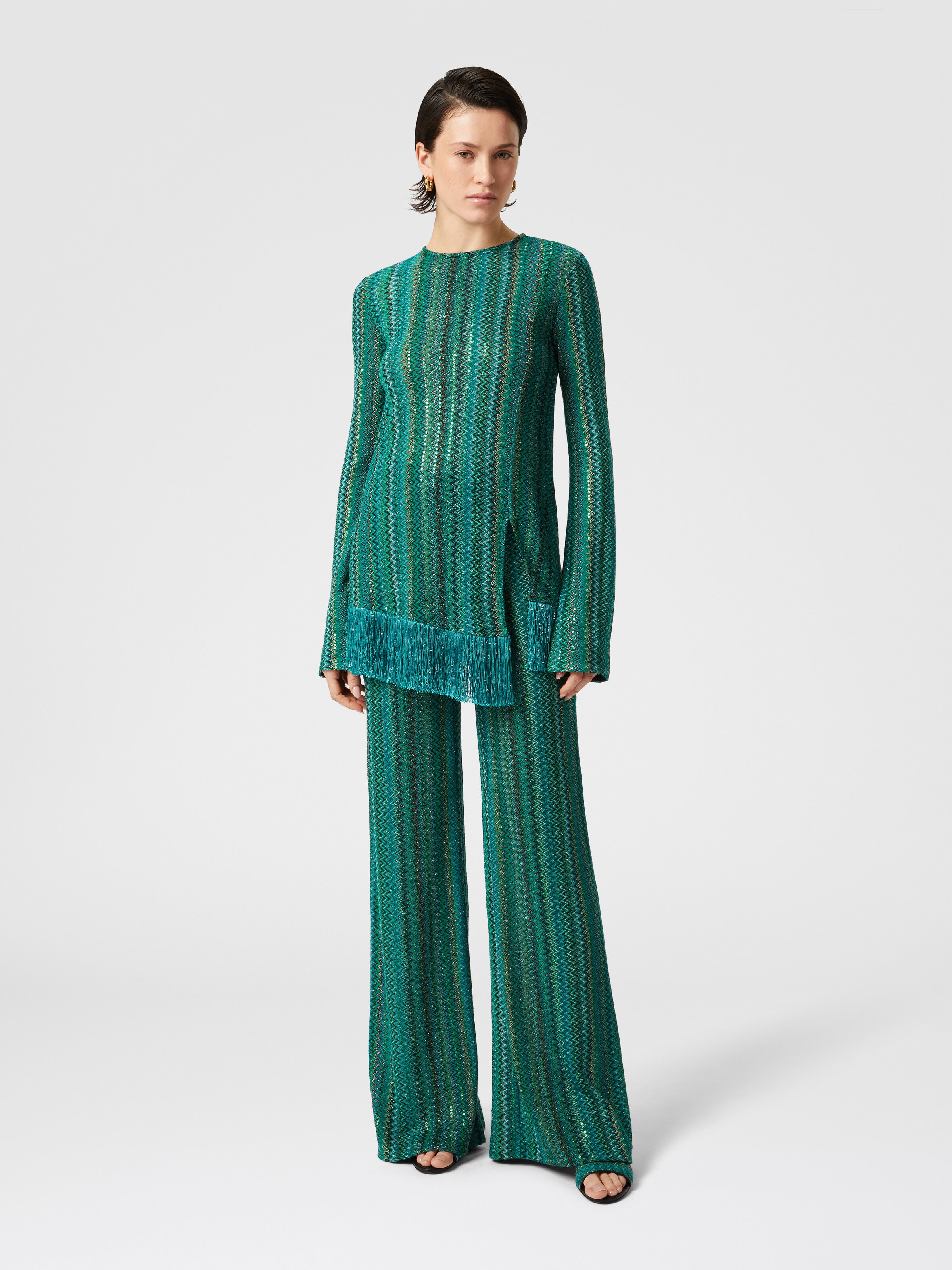 Zick-Zack-Pullover mit Pailletten und asymmetrischem Saum mit Fransen, Mehrfarbig  - 1