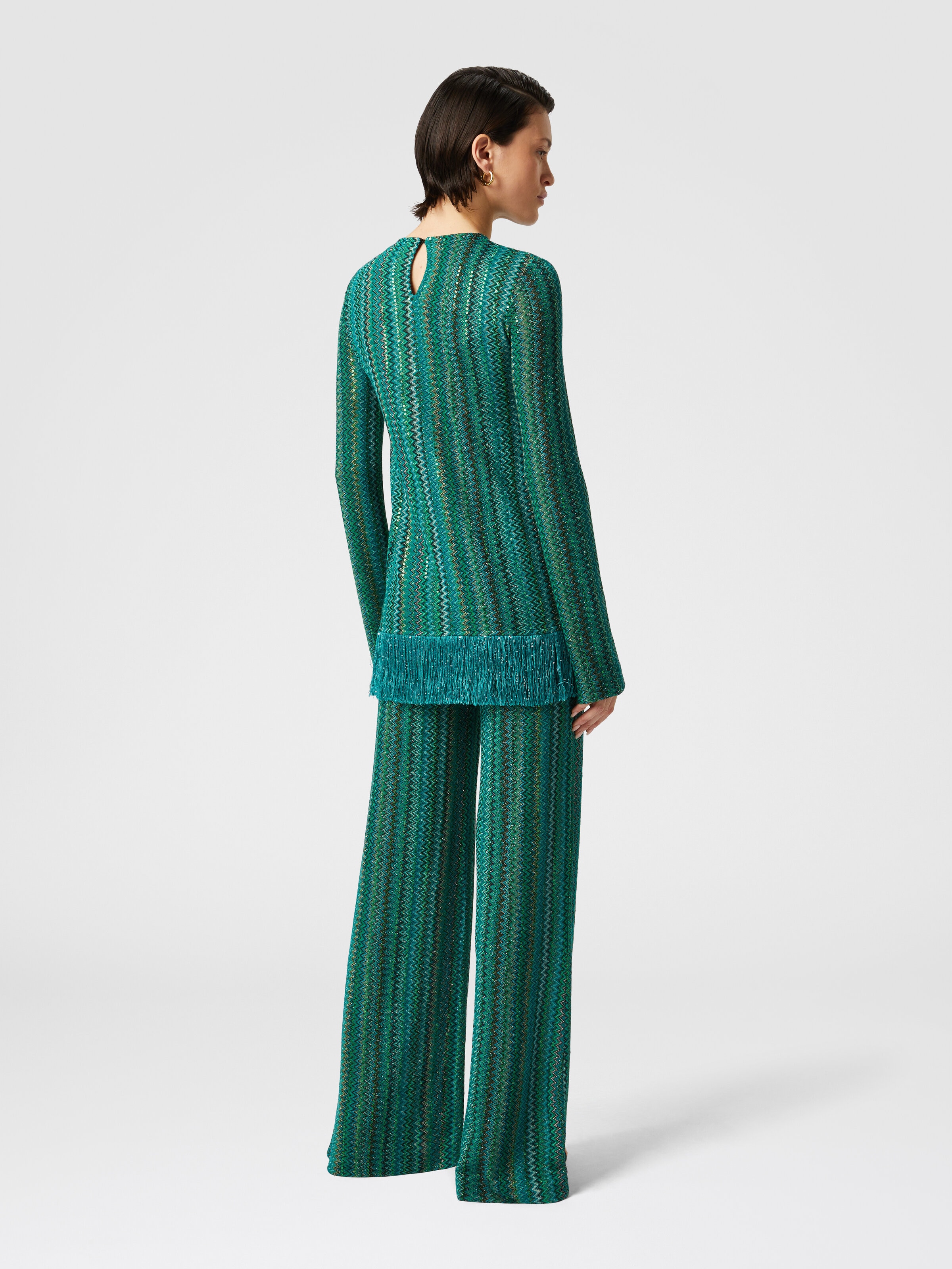 Zick-Zack-Pullover mit Pailletten und asymmetrischem Saum mit Fransen, Mehrfarbig  - 2