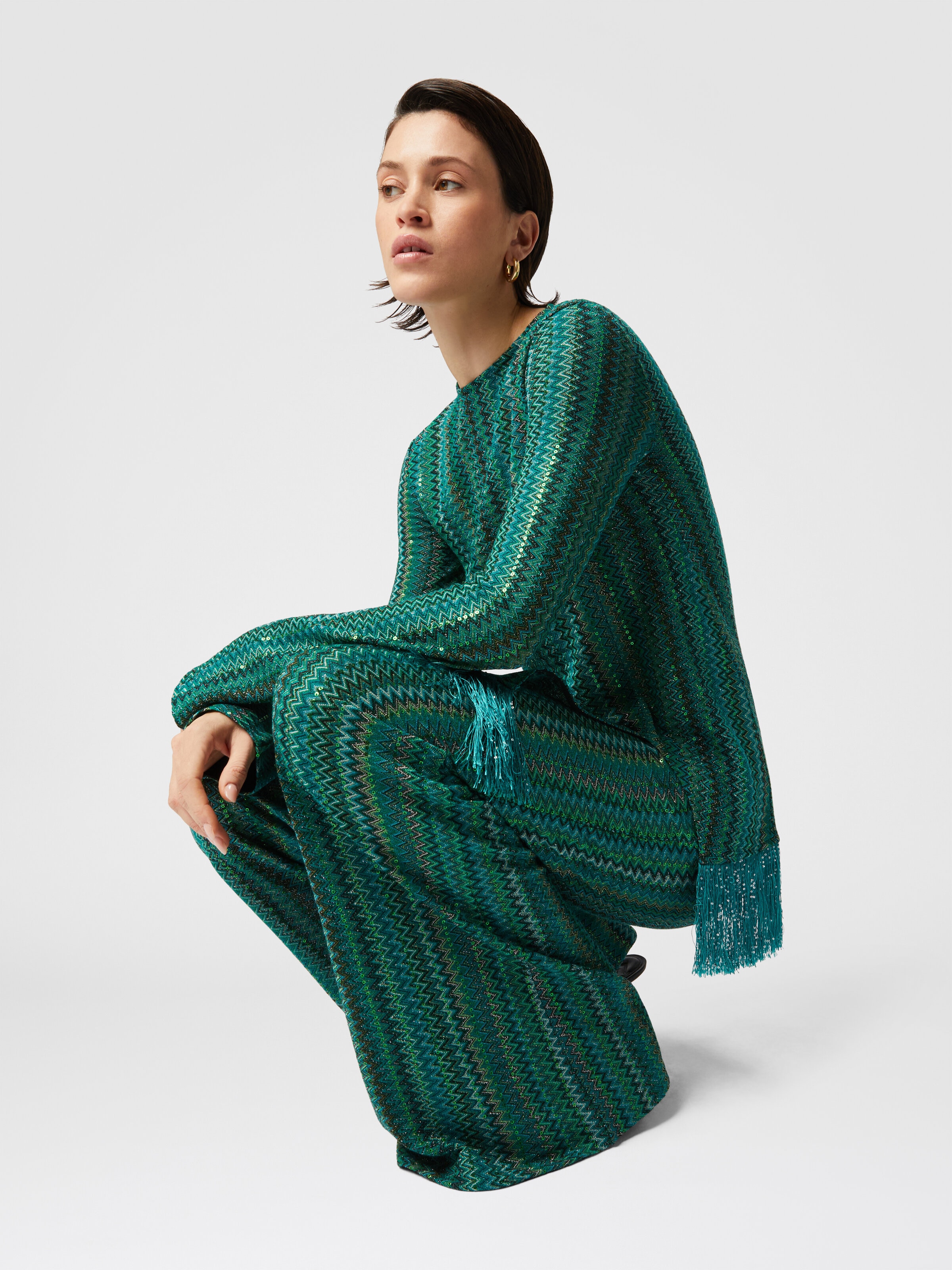 Zick-Zack-Pullover mit Pailletten und asymmetrischem Saum mit Fransen, Mehrfarbig  - 3