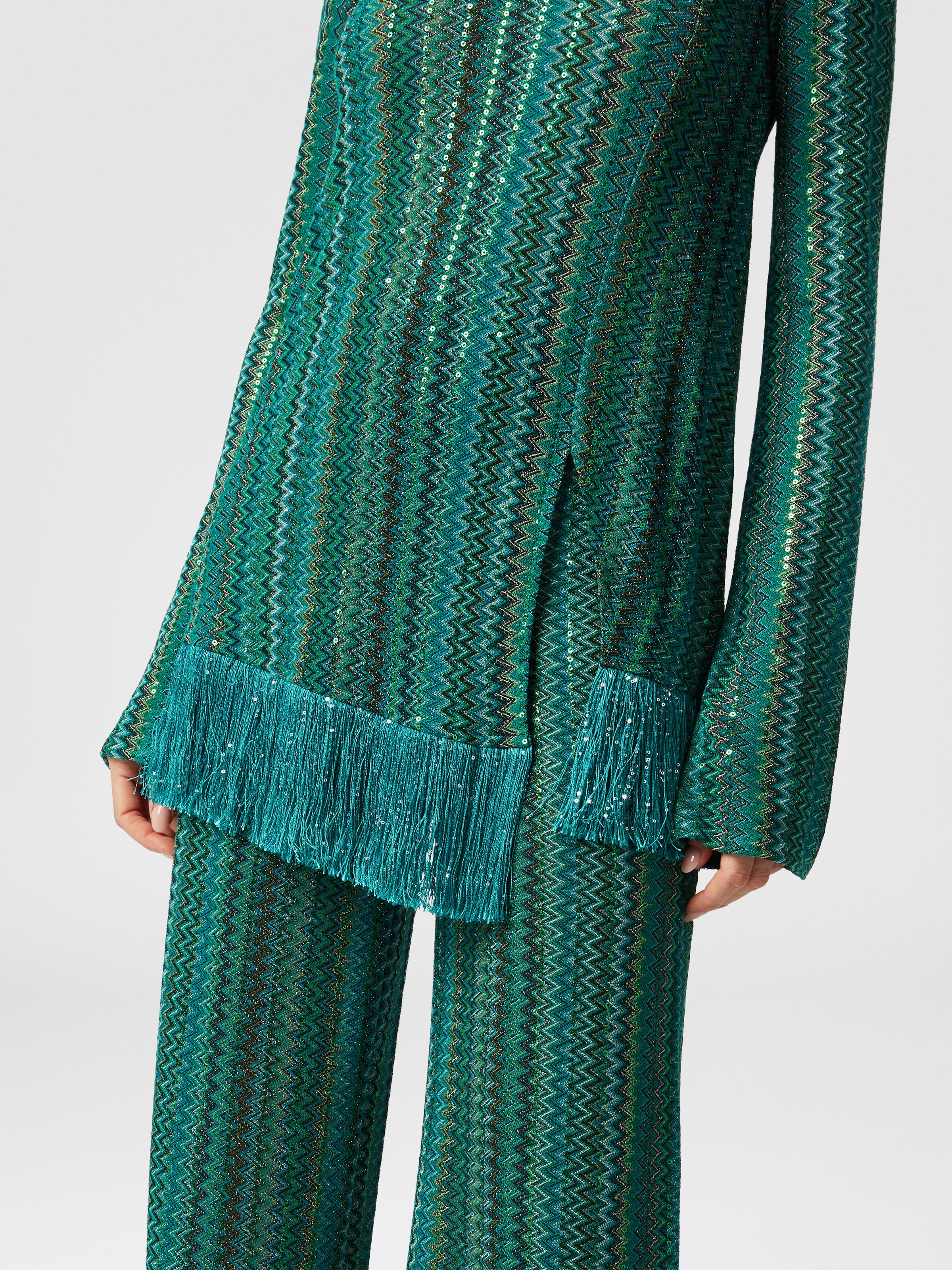 Zick-Zack-Pullover mit Pailletten und asymmetrischem Saum mit Fransen, Mehrfarbig  - 4
