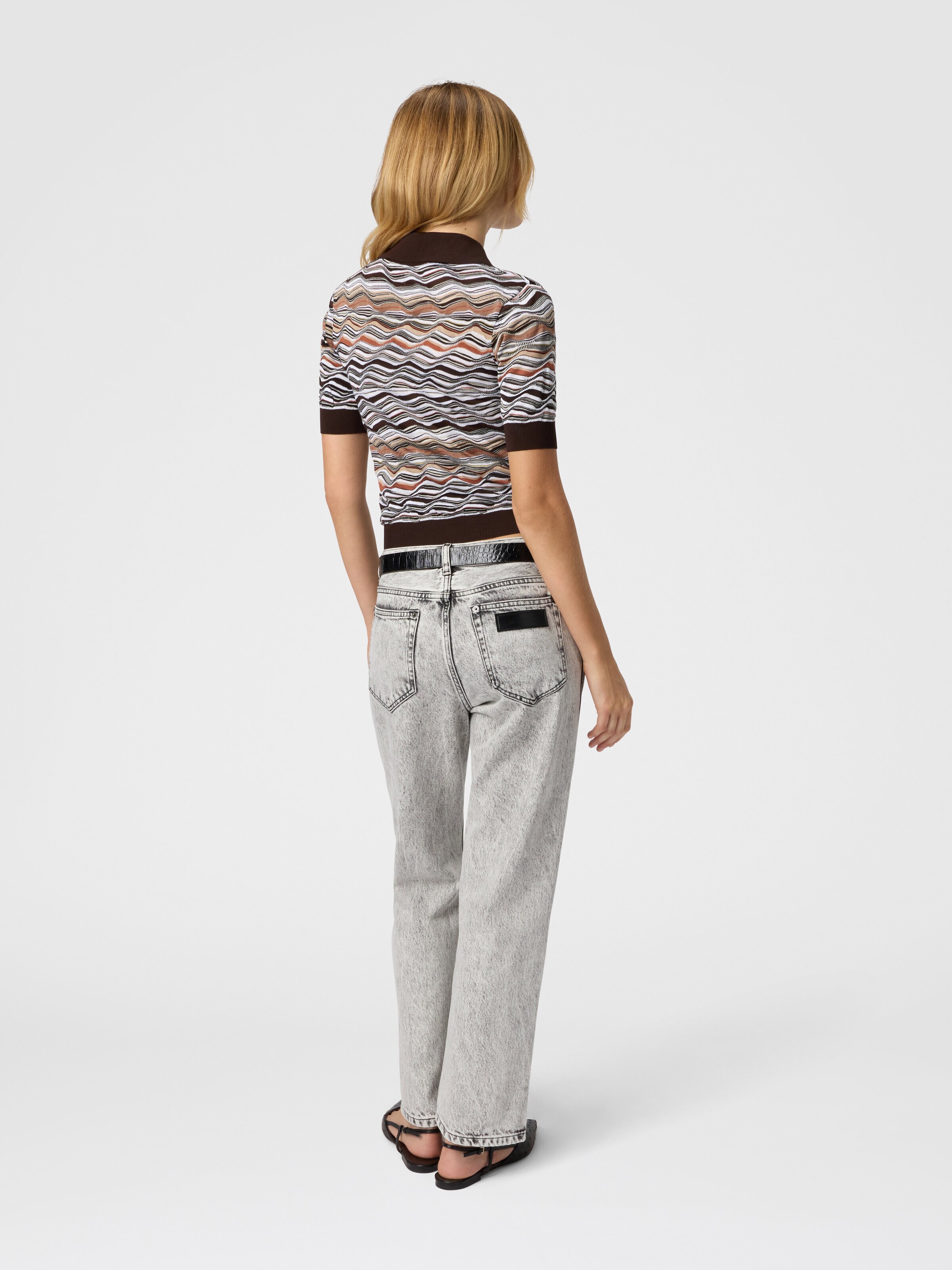 Short Sleeve Polo with Wave Pattern, Beige & Brown - 2