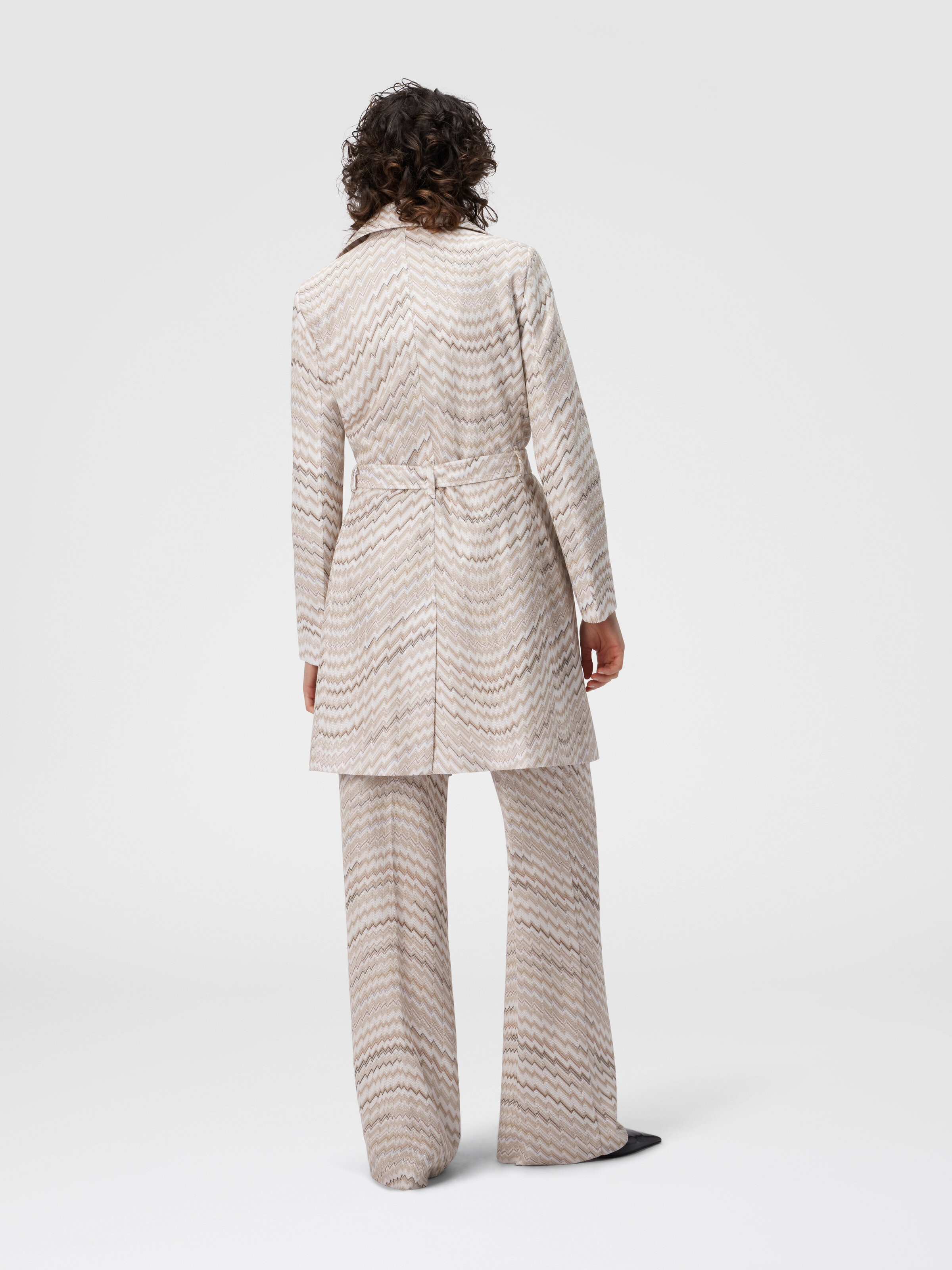 Trench cruzado con motivo zigzag ondulado, Blanco & Beige - 2