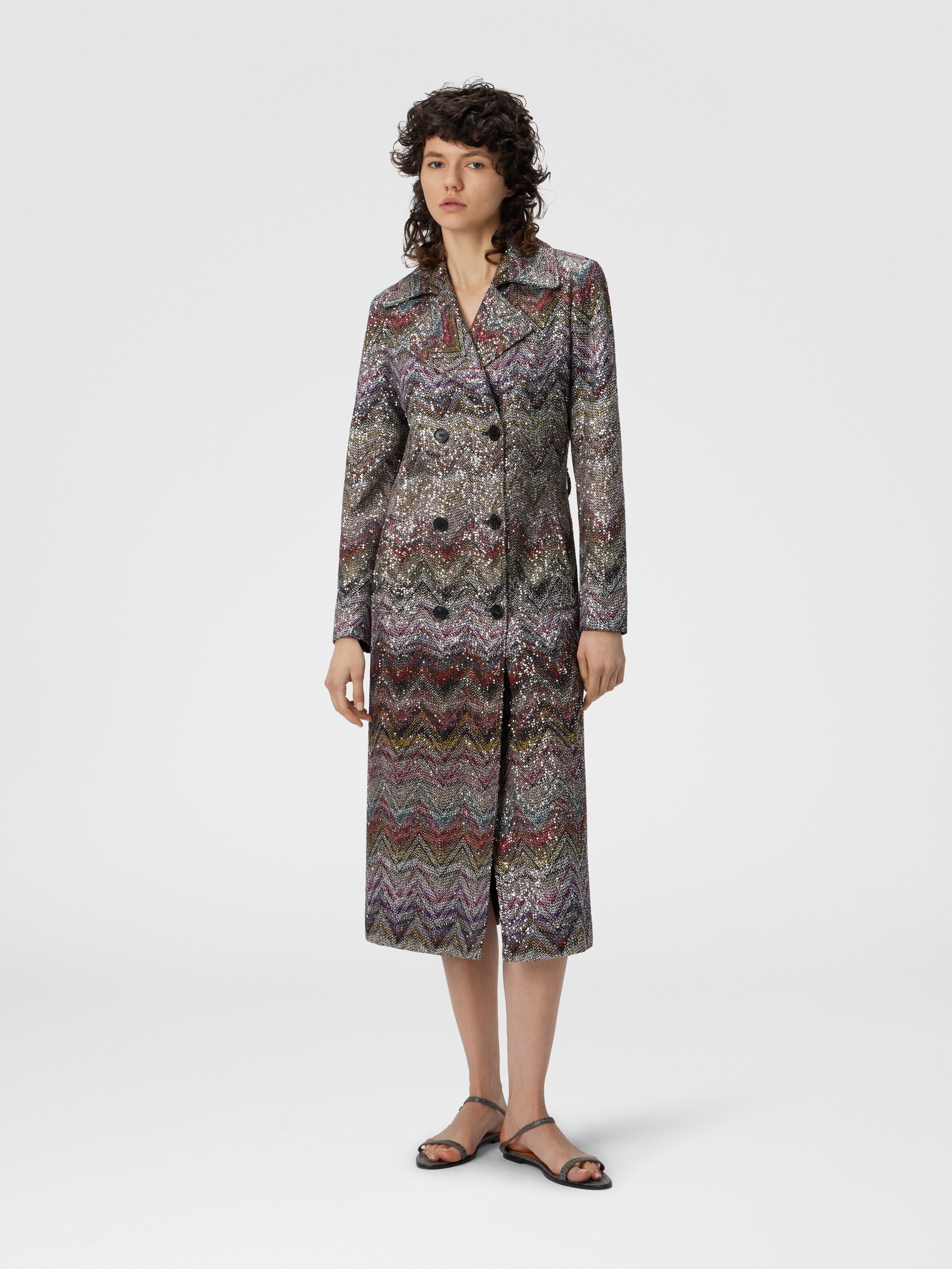 Long Double-Breasted Trench Coat with Wavy Zigzag Pattern, Multicoloured  - 1