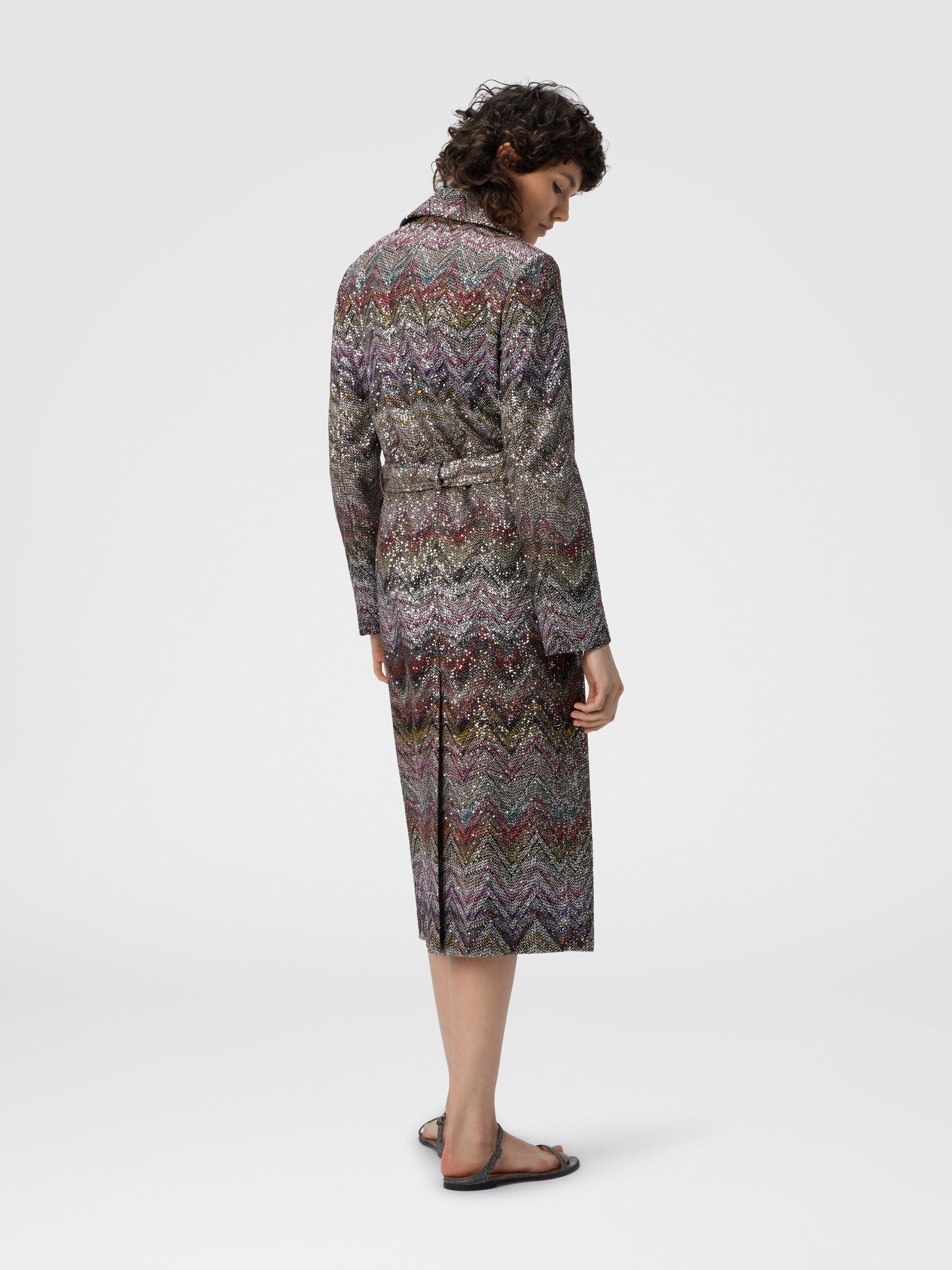 Long Double-Breasted Trench Coat with Wavy Zigzag Pattern, Multicoloured  - 2