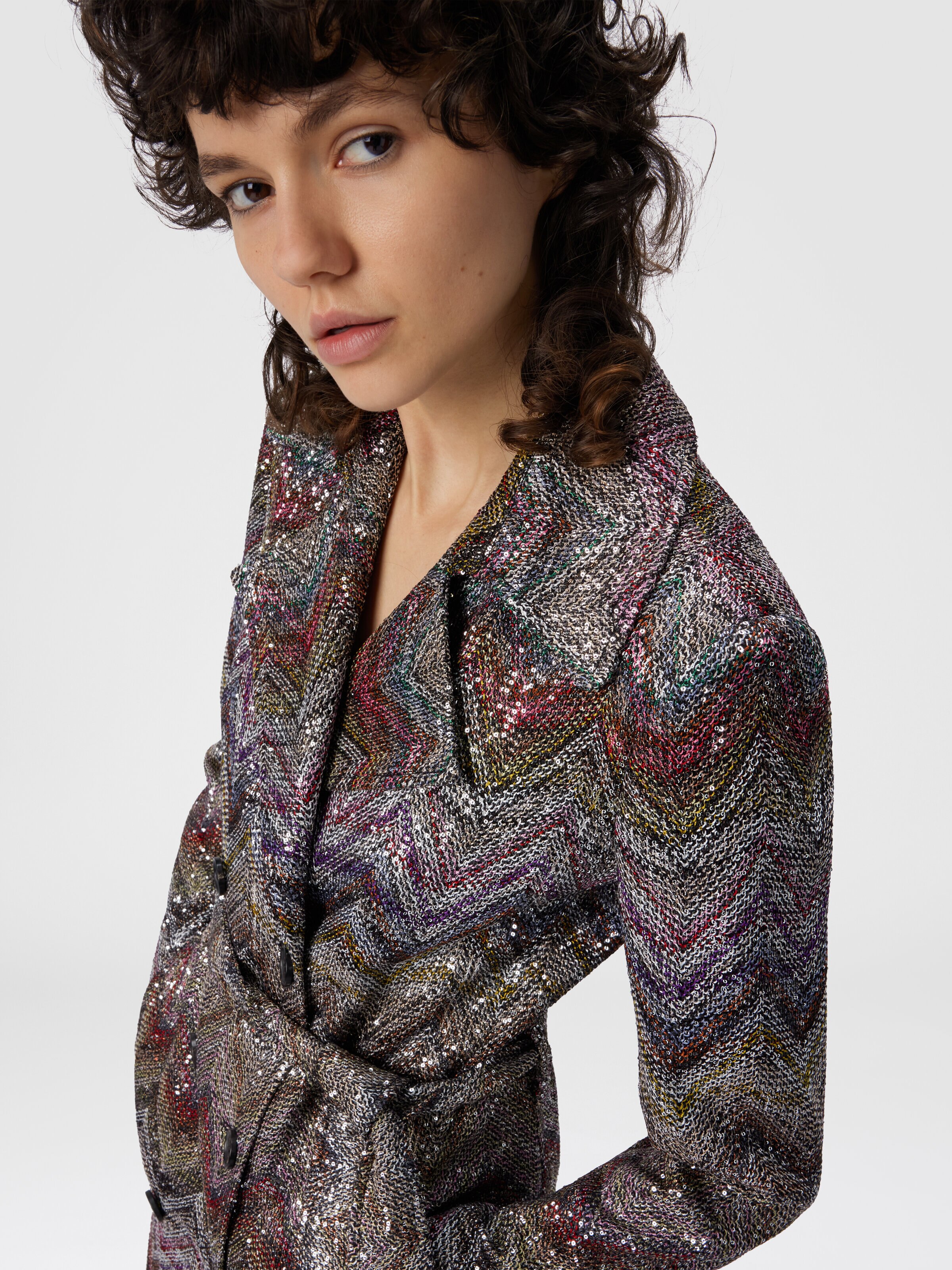 Long Double-Breasted Trench Coat with Wavy Zigzag Pattern, Multicoloured  - 3