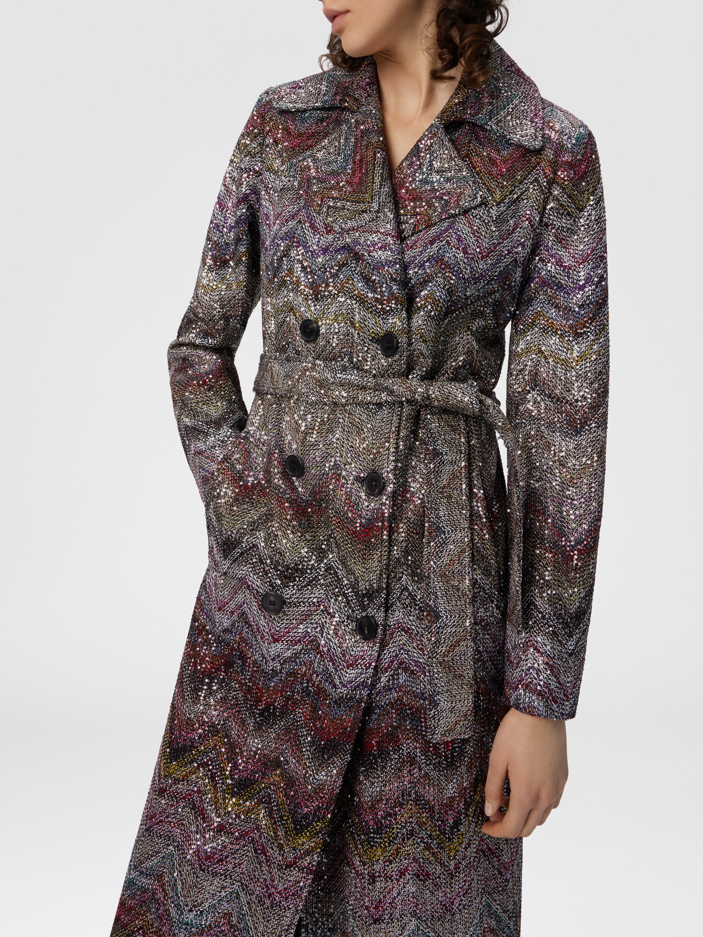 Long Double-Breasted Trench Coat with Wavy Zigzag Pattern, Multicoloured  - 4