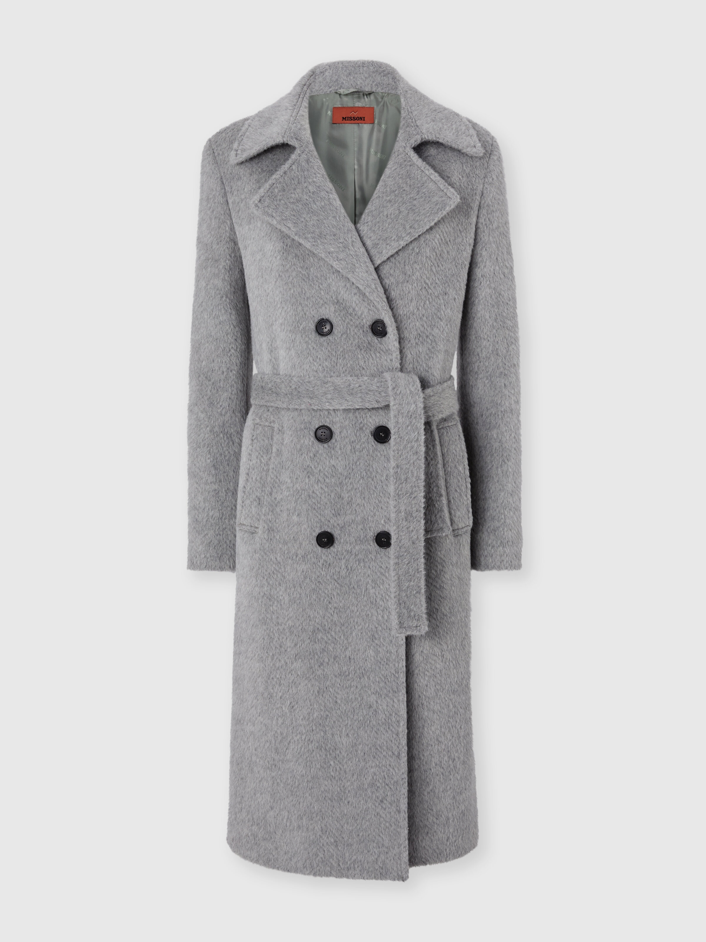Double-Breasted Trench Coat with Tone-on-Tone Chevron Pattern, Grey - 0