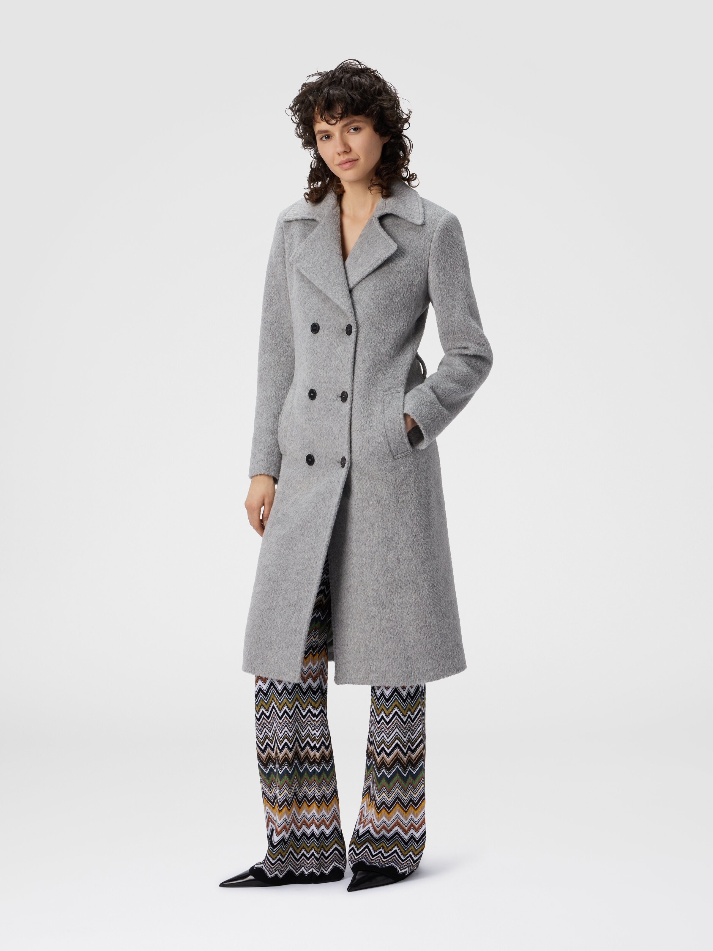 Double-Breasted Trench Coat with Tone-on-Tone Chevron Pattern, Grey - 1