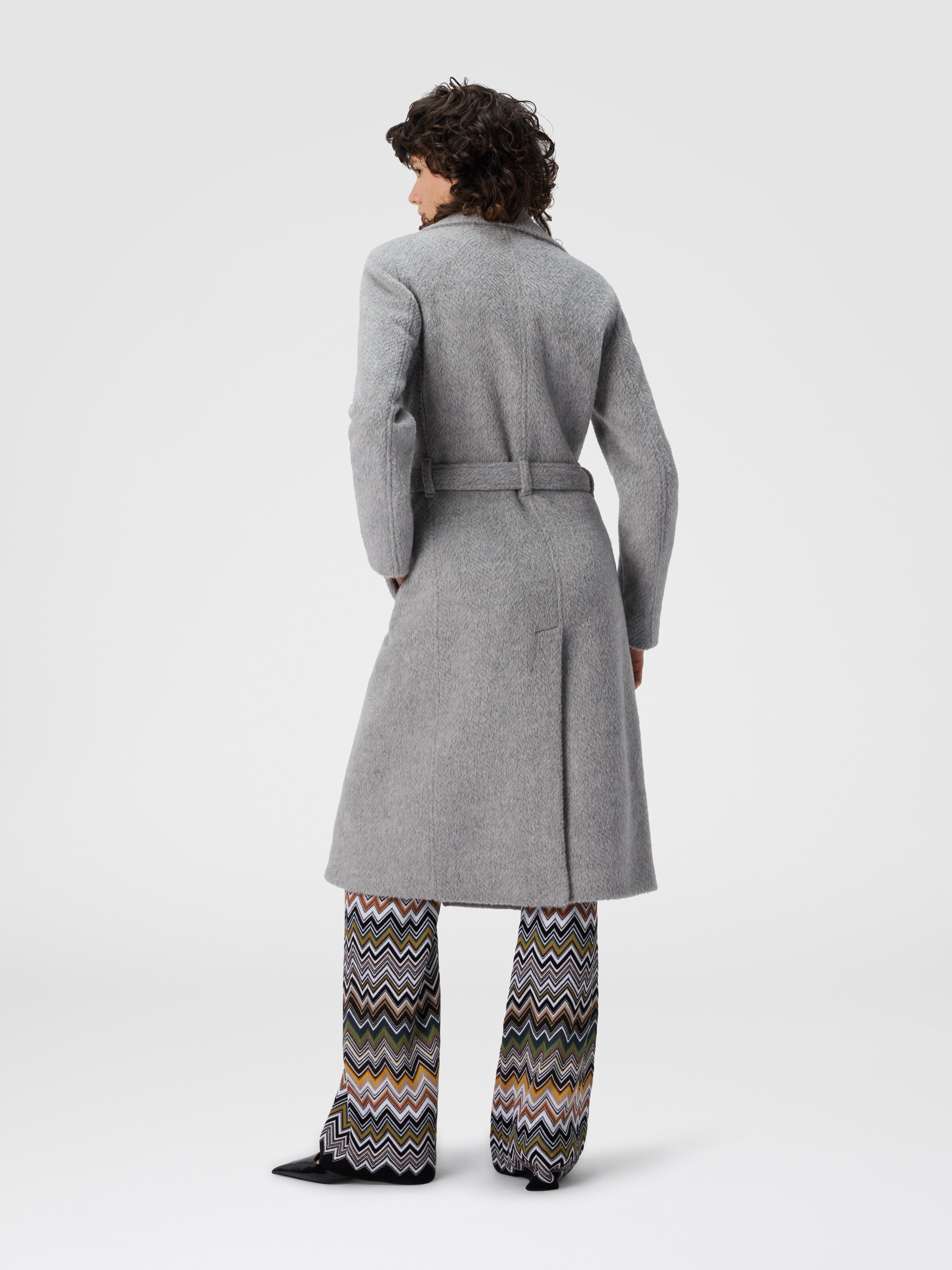 Double-Breasted Trench Coat with Tone-on-Tone Chevron Pattern, Grey - 2