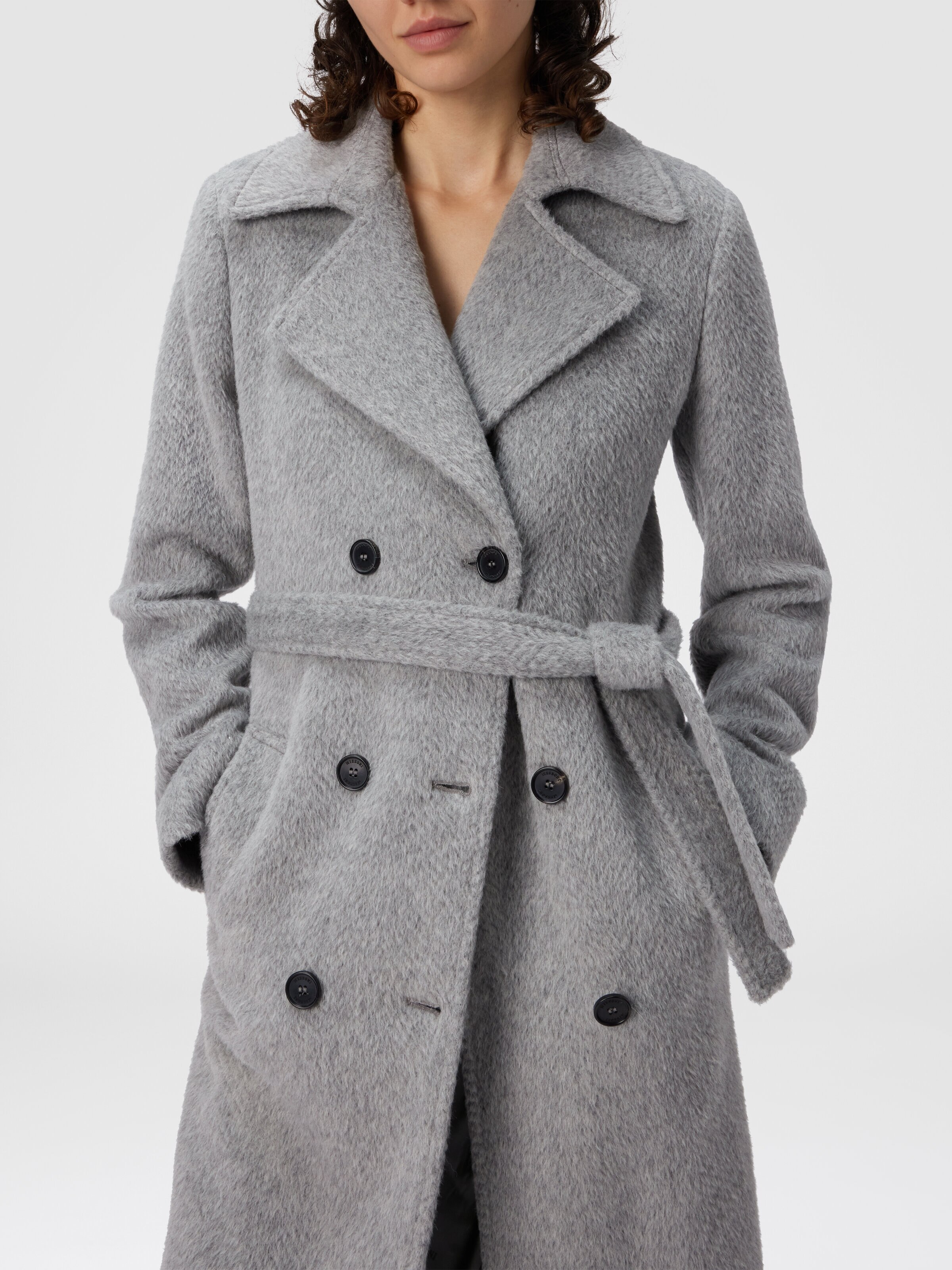 Double-Breasted Trench Coat with Tone-on-Tone Chevron Pattern, Grey - 3