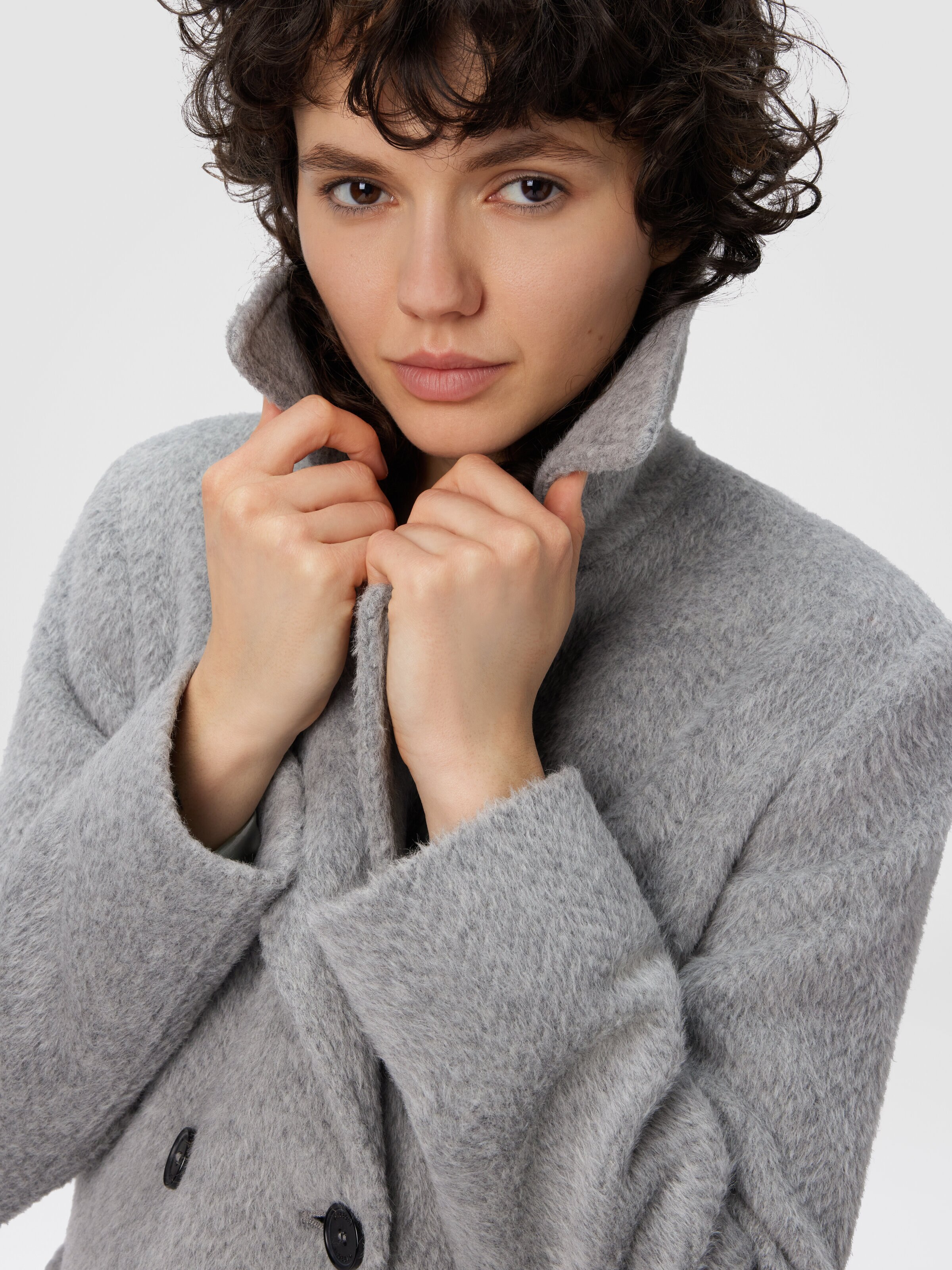Double-Breasted Trench Coat with Tone-on-Tone Chevron Pattern, Grey - 4