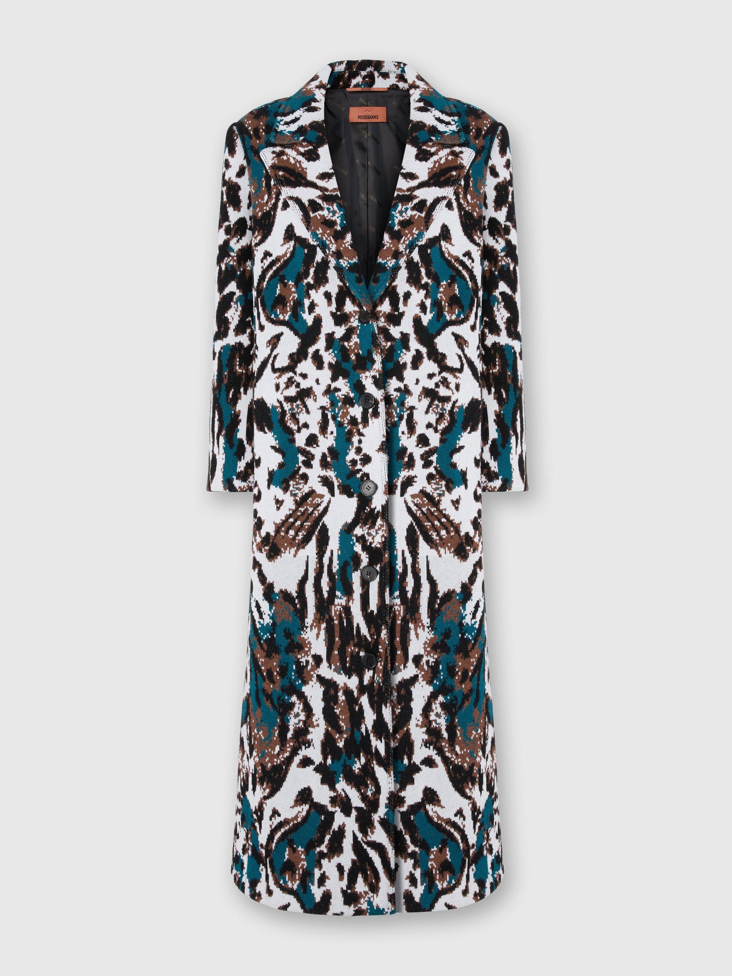 Long Single-Breasted Coat with Animalier Pattern, Multicoloured  - 0