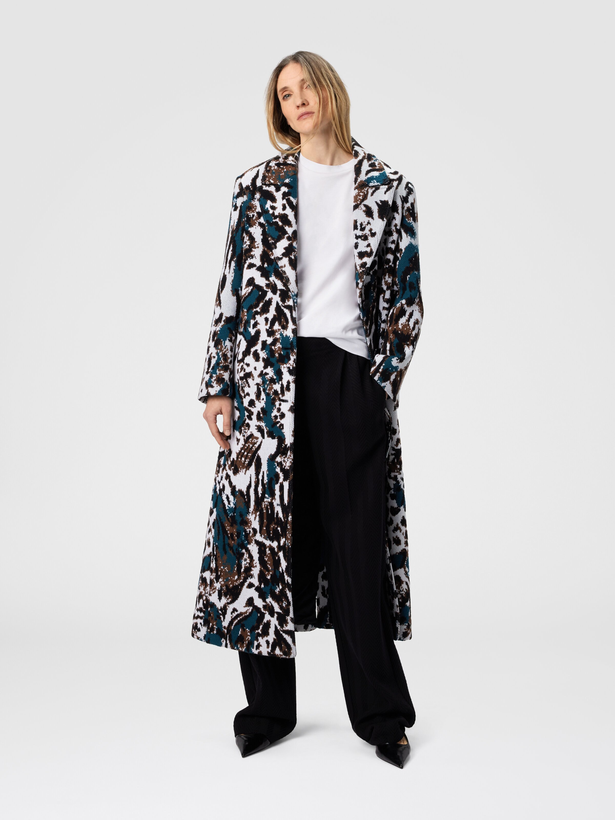 Long Single-Breasted Coat with Animalier Pattern, Multicoloured  - 1