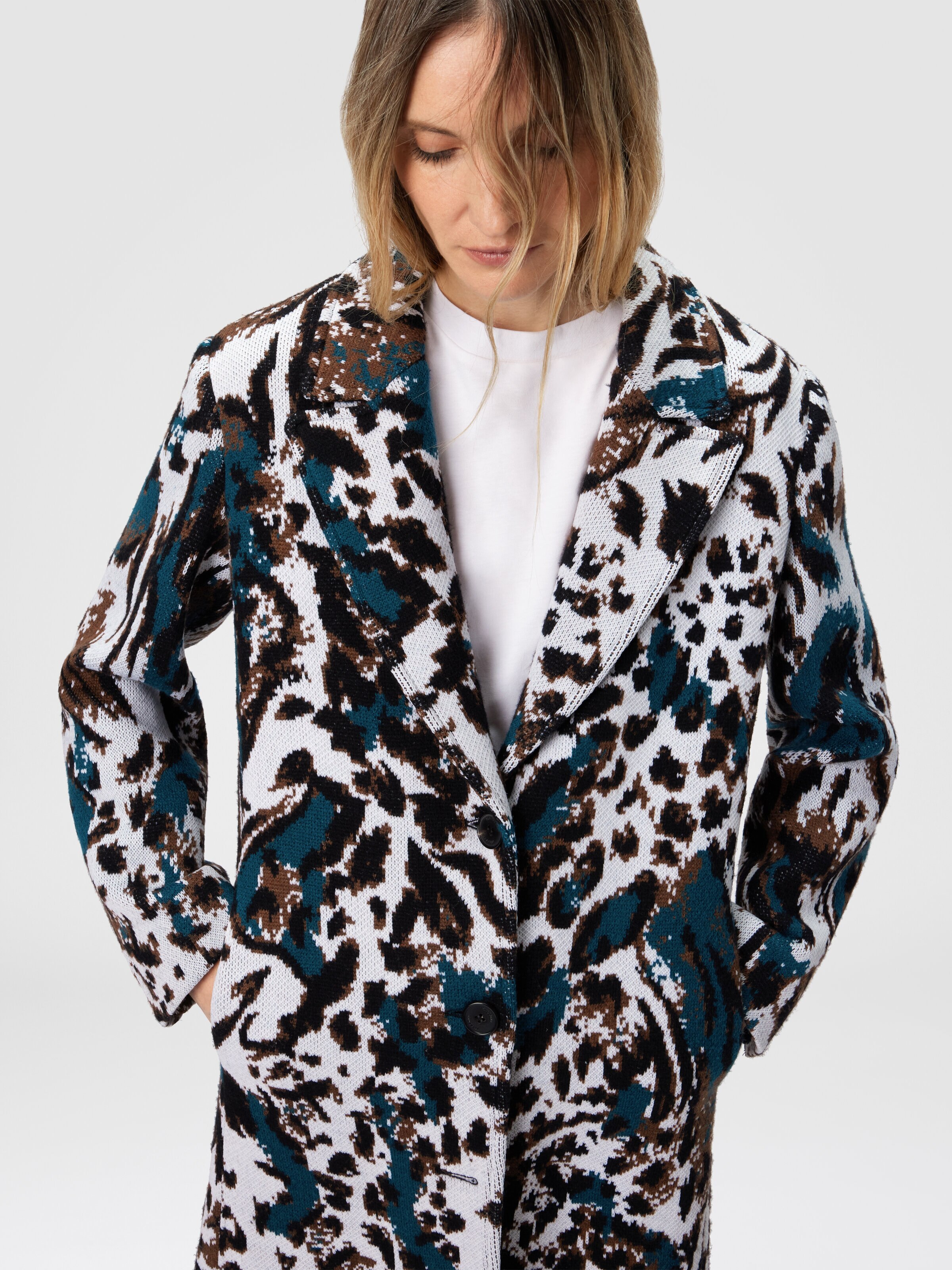 Long Single-Breasted Coat with Animalier Pattern, Multicoloured  - 4