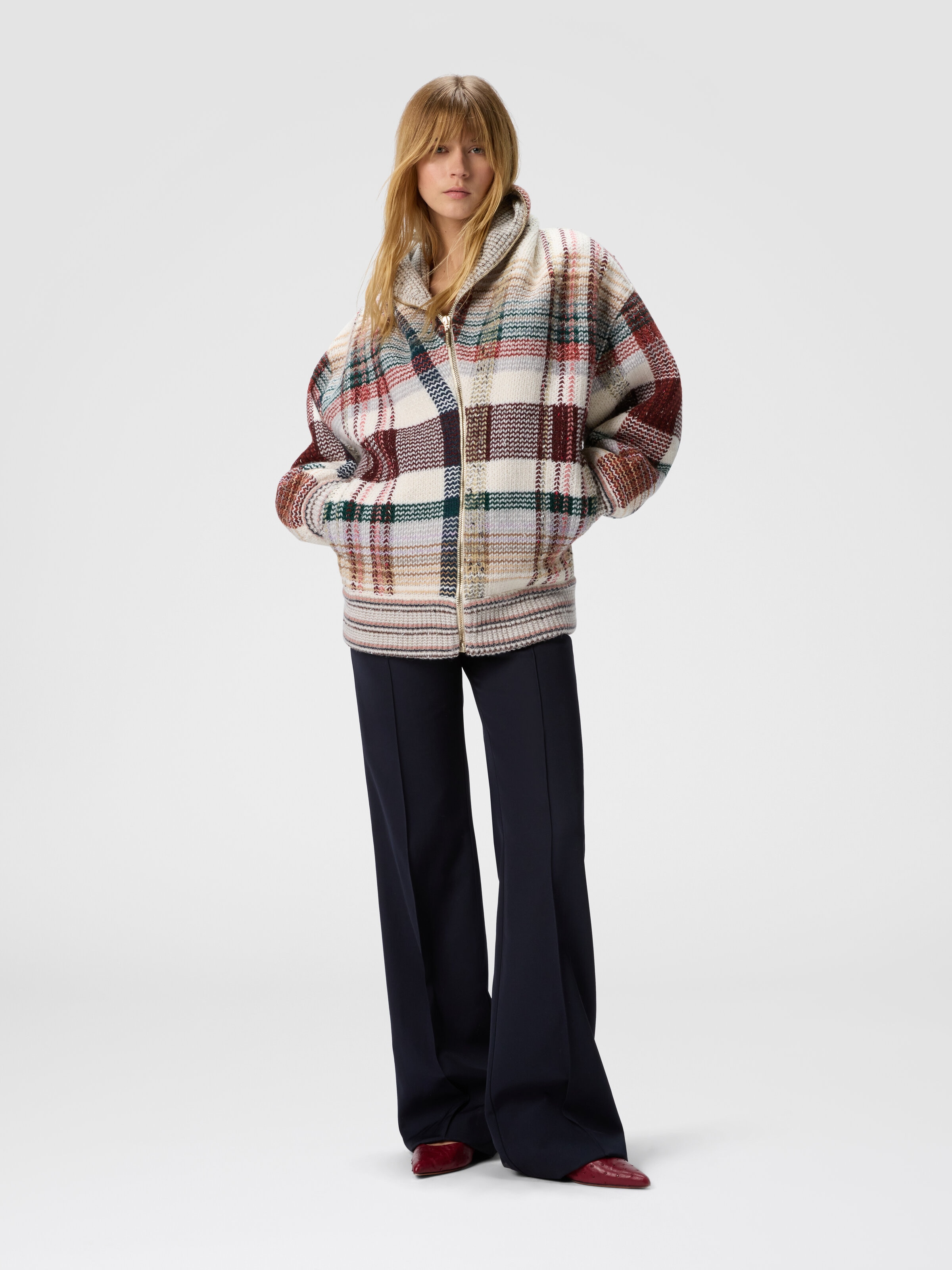 Quilted jacket with check pattern, White & Burgundy - 1
