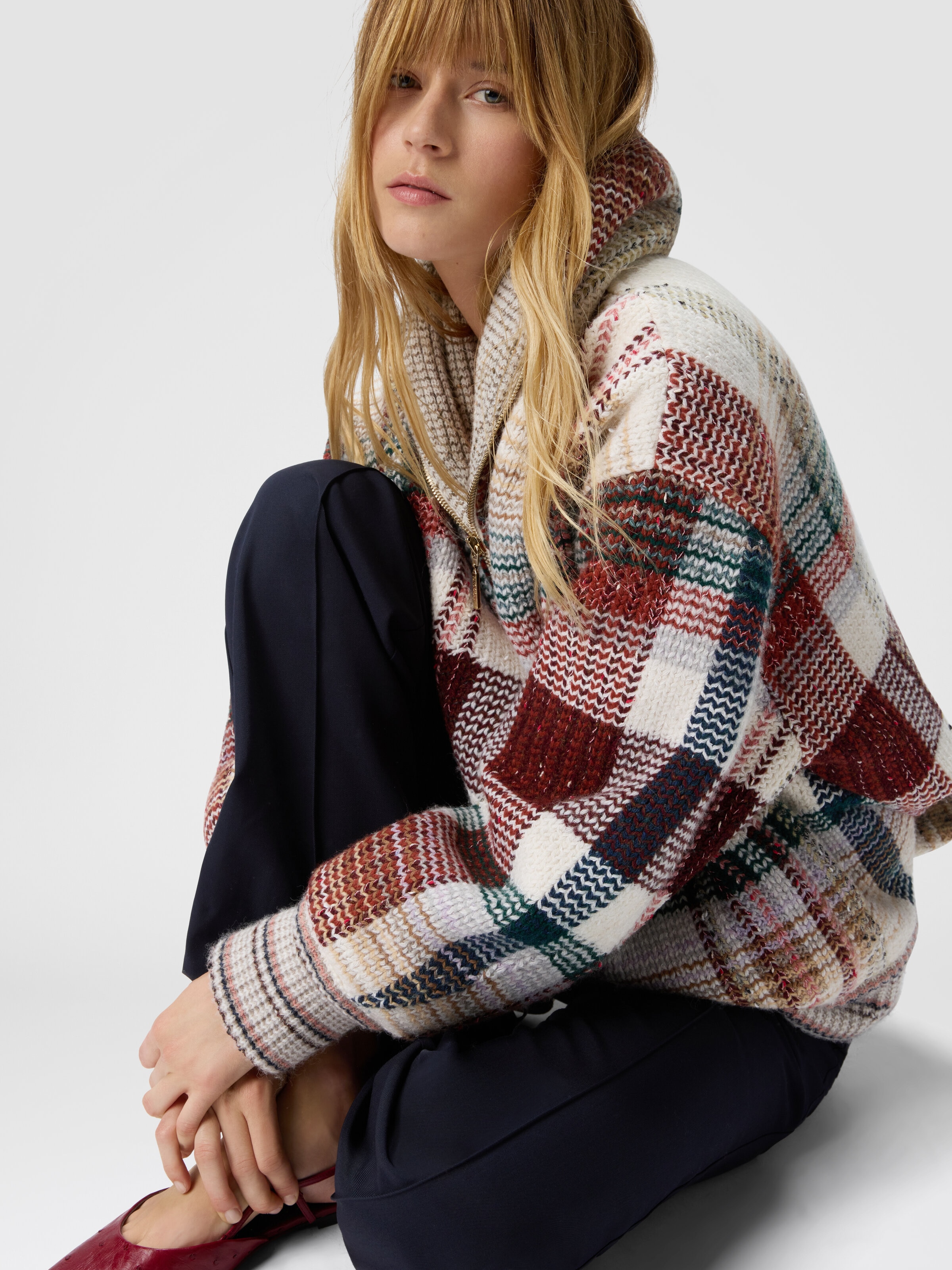 Quilted jacket with check pattern, White & Burgundy - 3