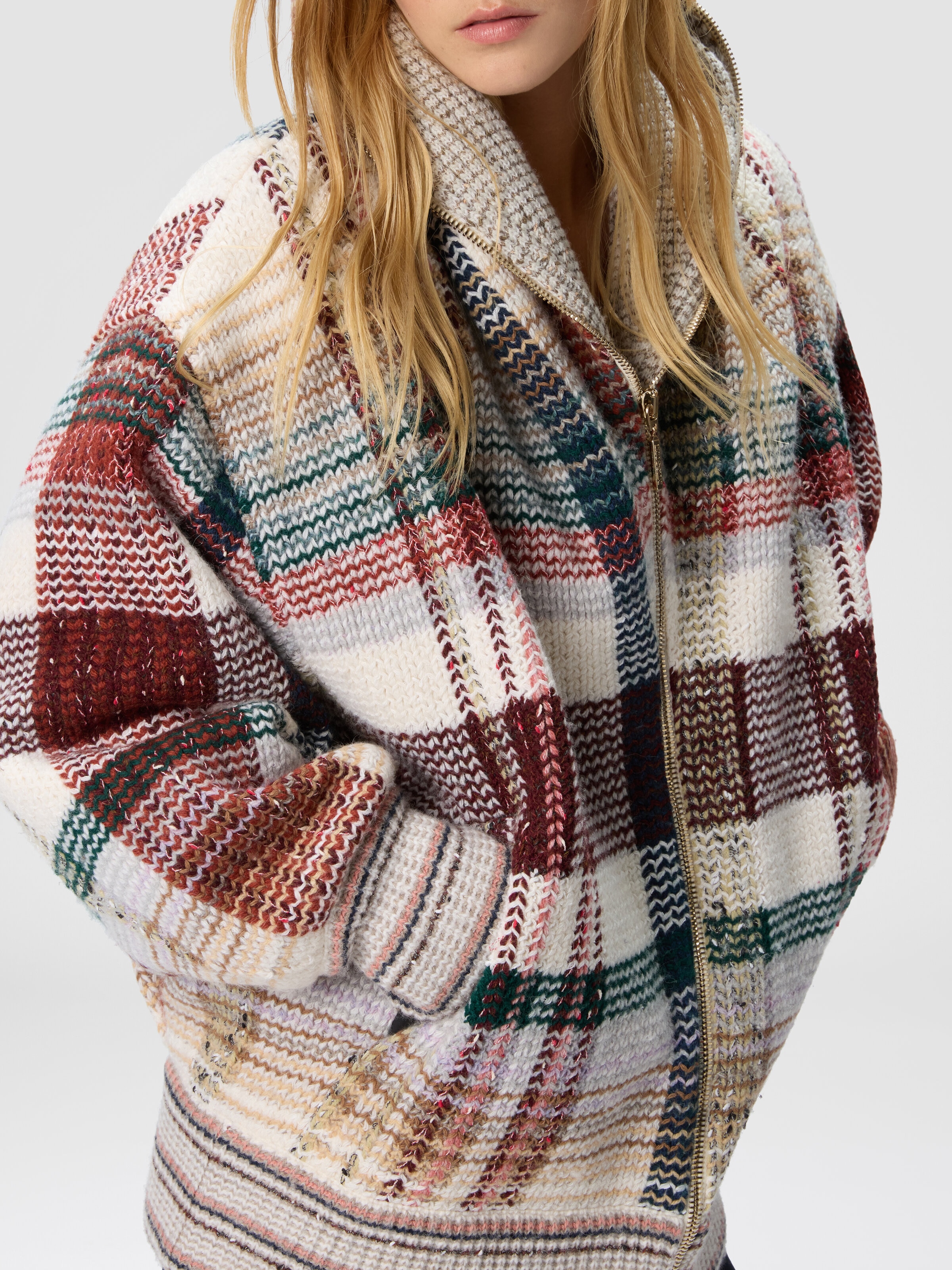 Quilted jacket with check pattern, White & Burgundy - 4