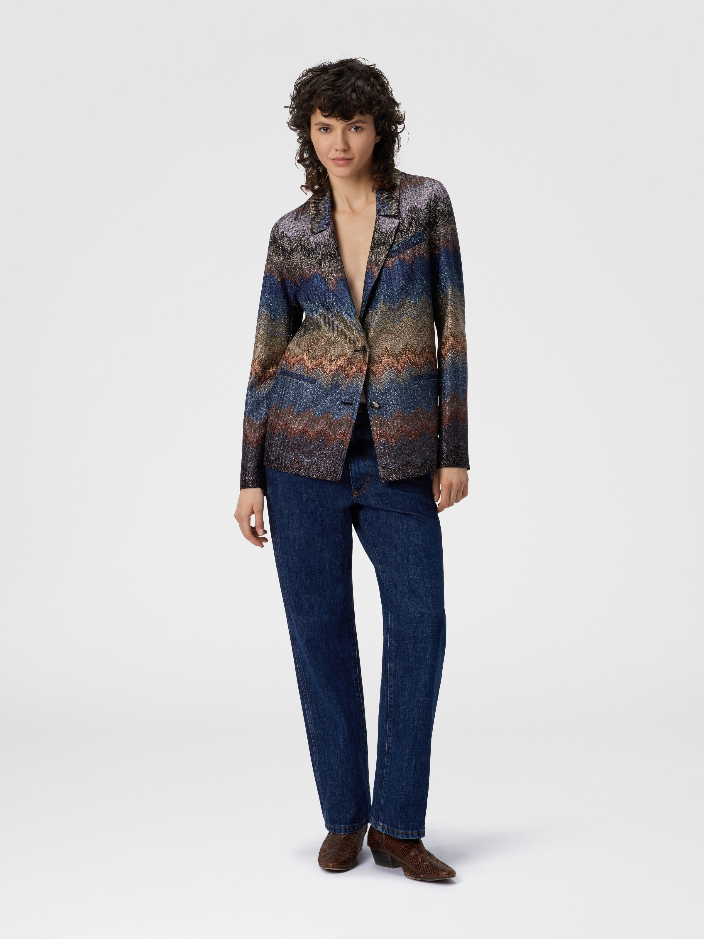 Einreiher-Blazer mit Schlangenmuster und Lamé-Fäden, Blau - 1