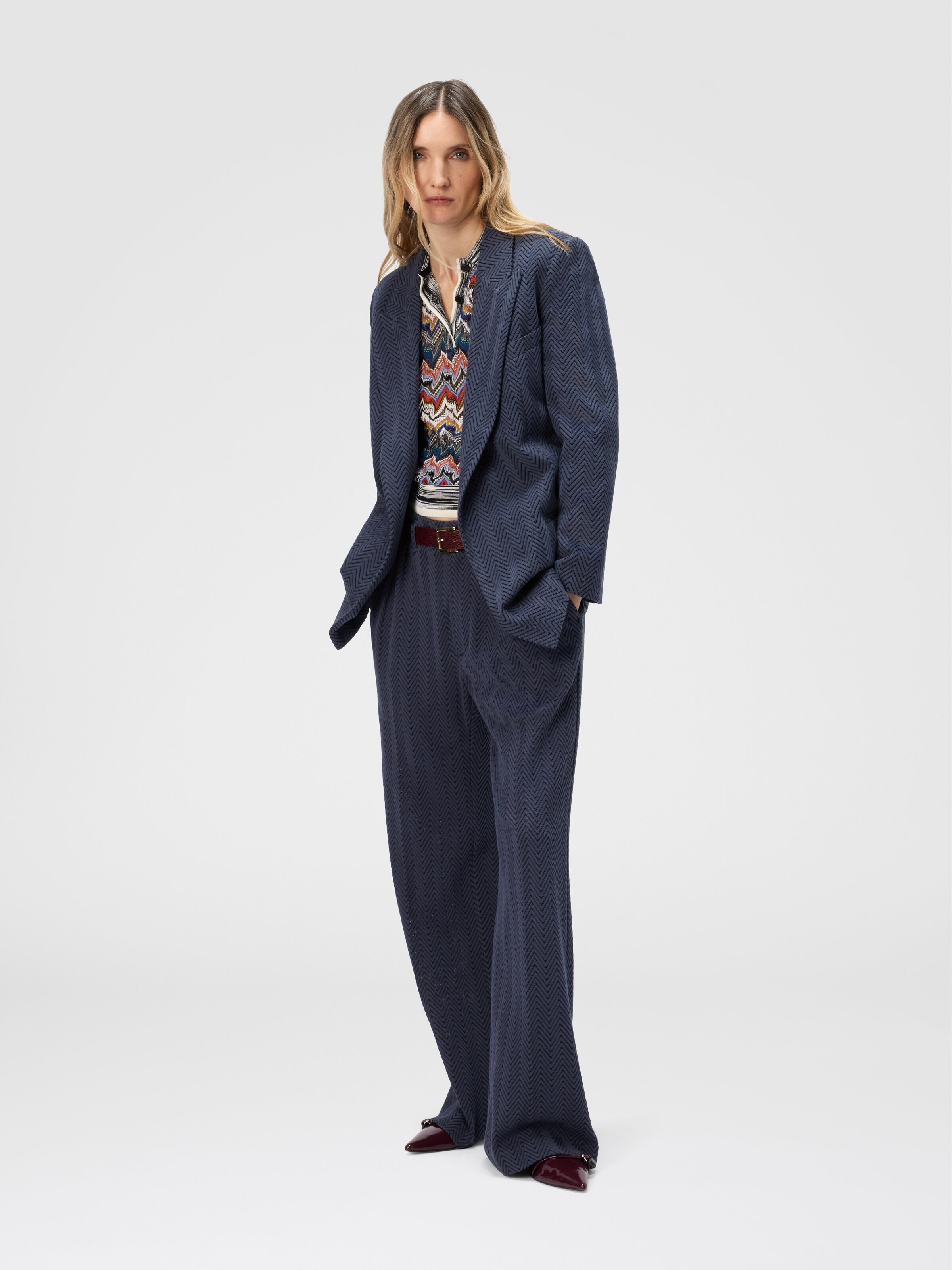 Blazer boutonnage simple à motif zigzag, Bleu - 1