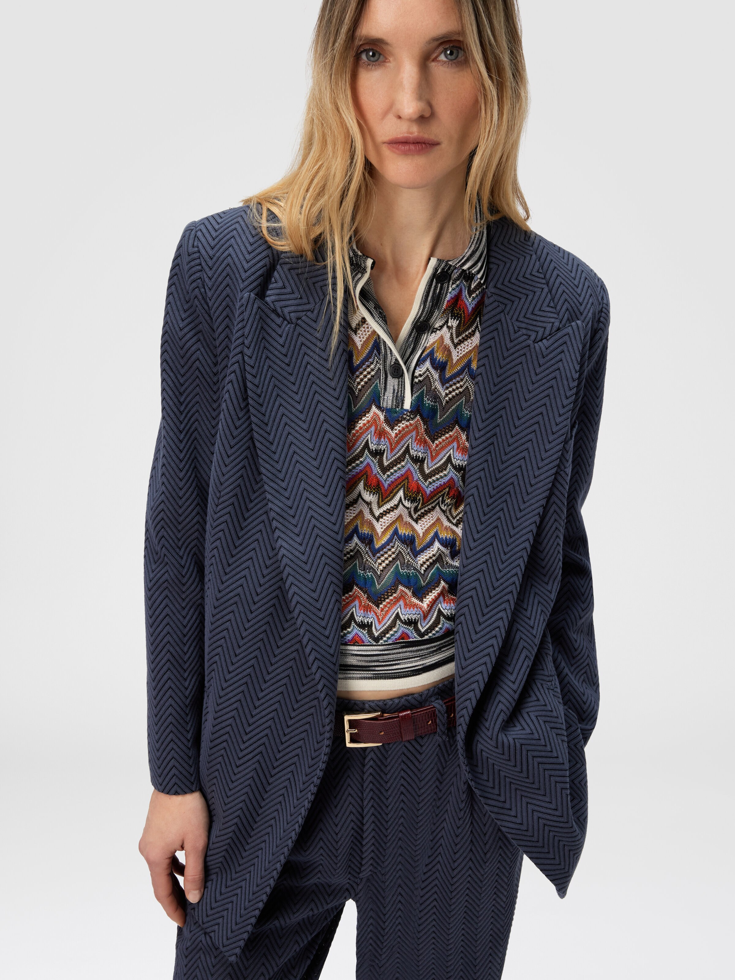Blazer boutonnage simple à motif zigzag, Bleu - 3