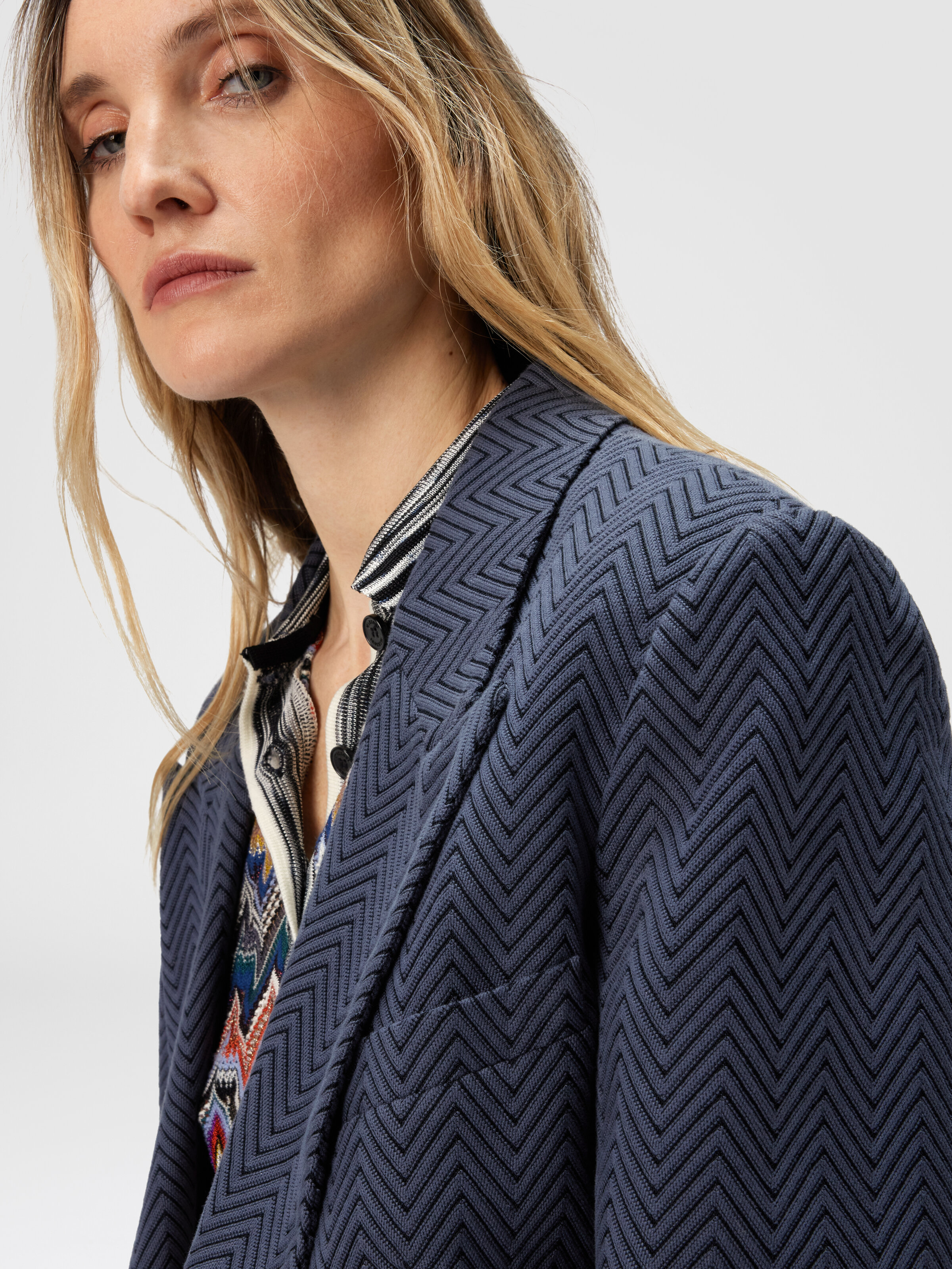 Blazer boutonnage simple à motif zigzag, Bleu - 4