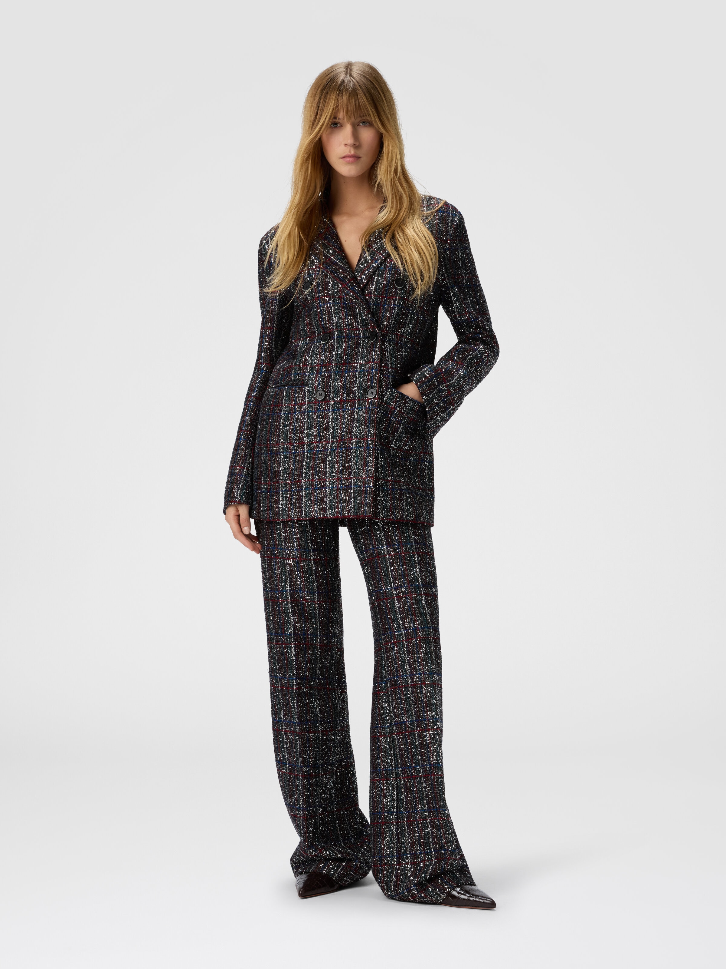 Double-breasted blazer with check pattern, Multicoloured  - 1