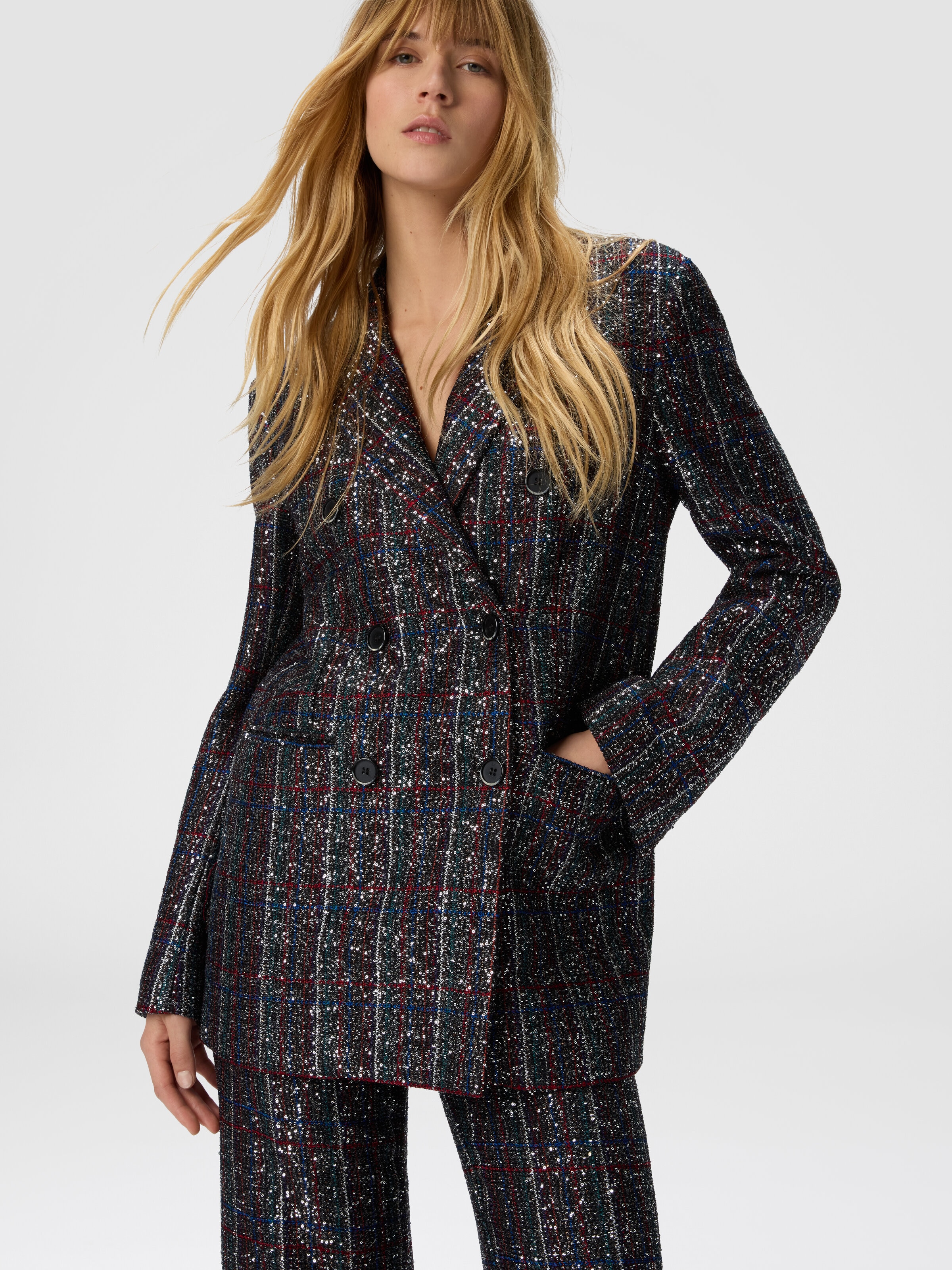 Double-breasted blazer with check pattern, Multicoloured  - 3