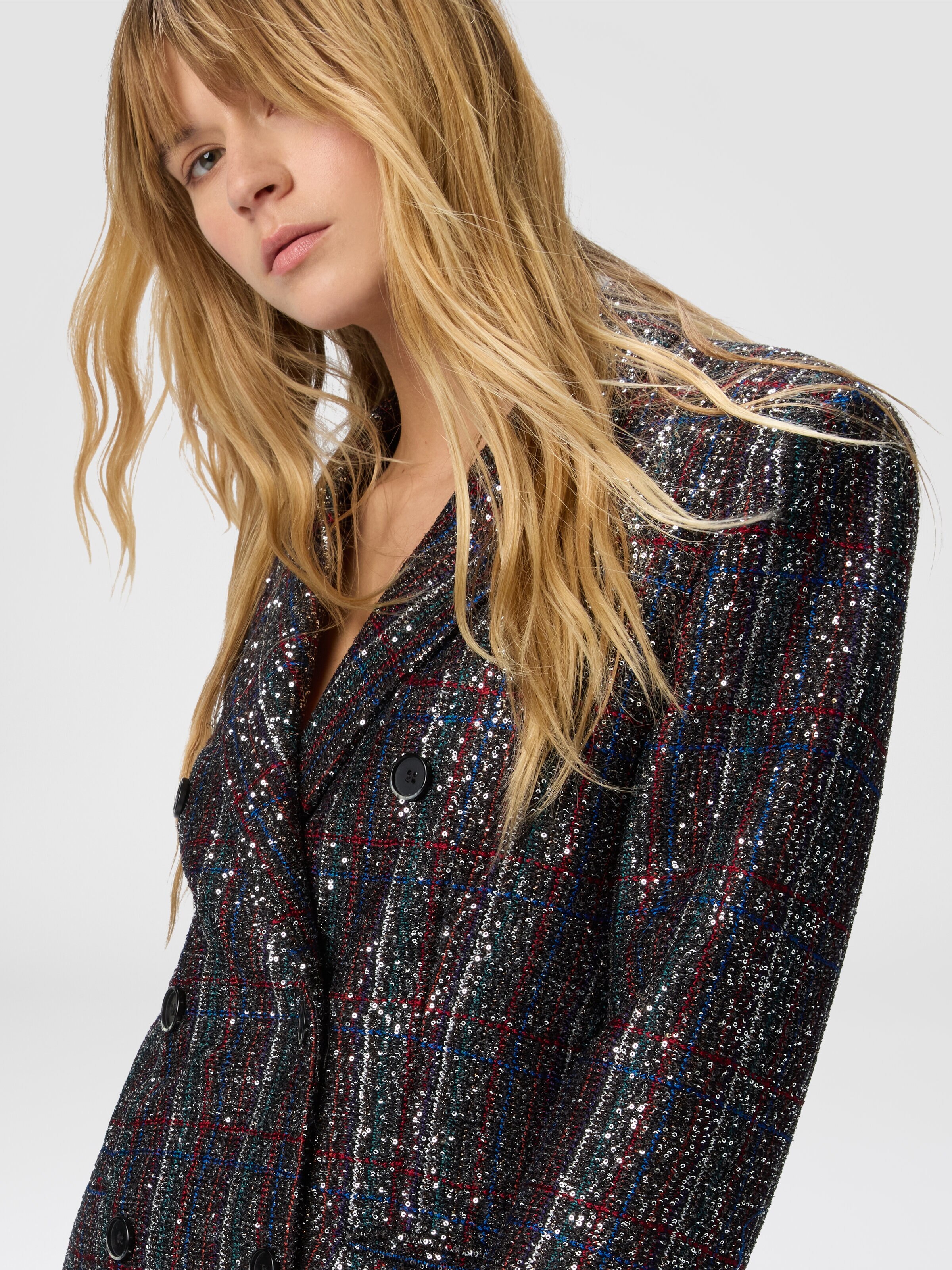 Double-breasted blazer with check pattern, Multicoloured  - 4