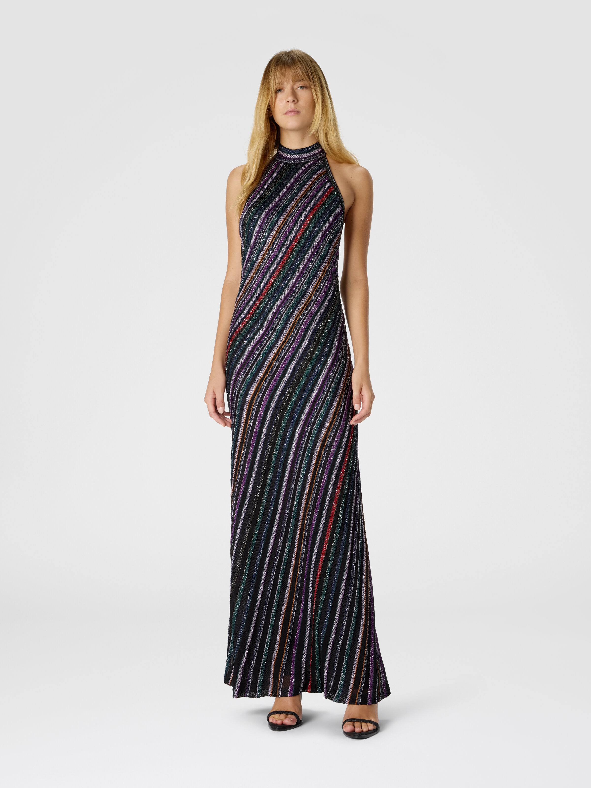 Vestido largo con escote halter en punto de rayas espiga, Multicolor  - 1