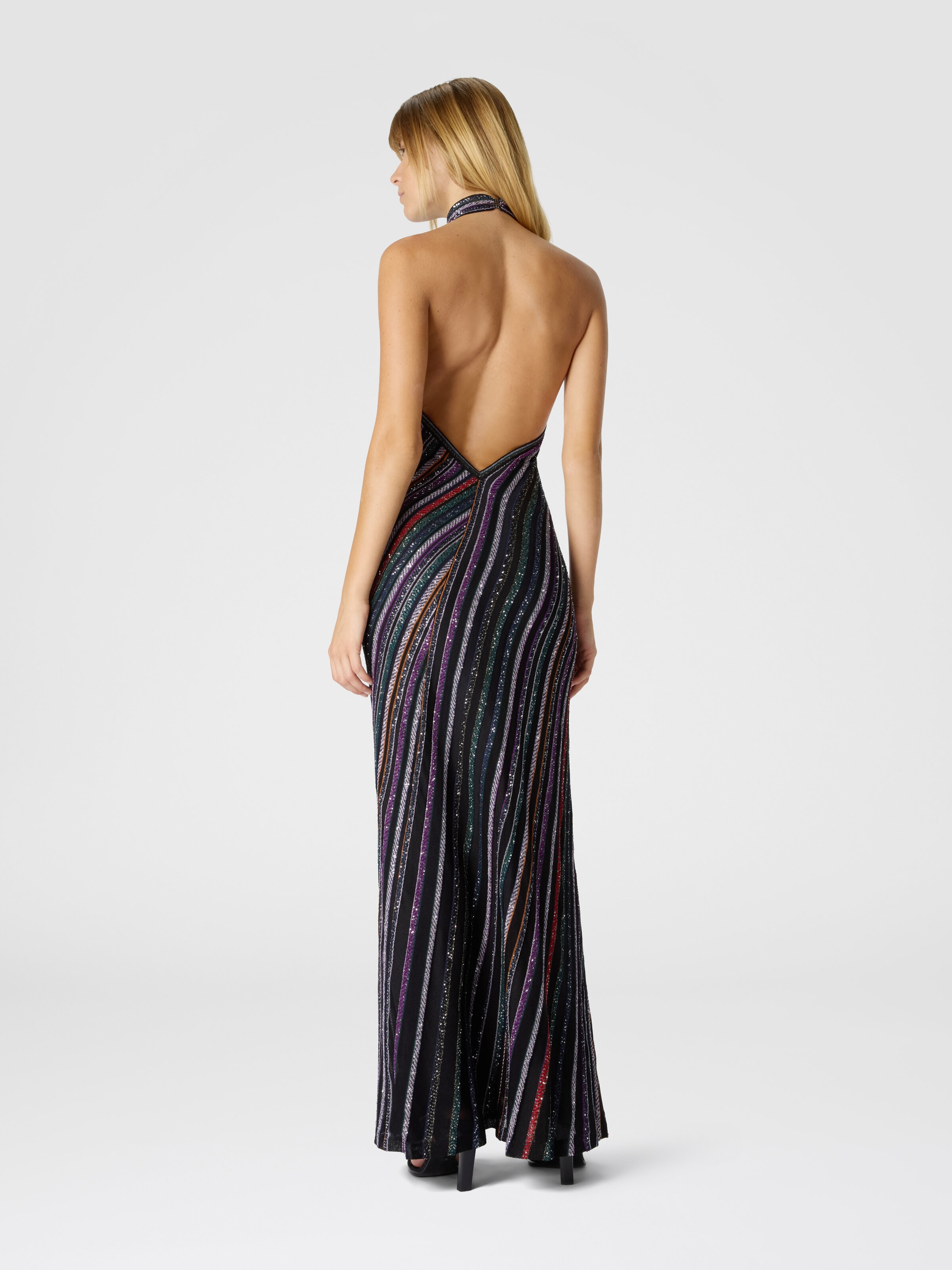 Vestido largo con escote halter en punto de rayas espiga, Multicolor  - 2