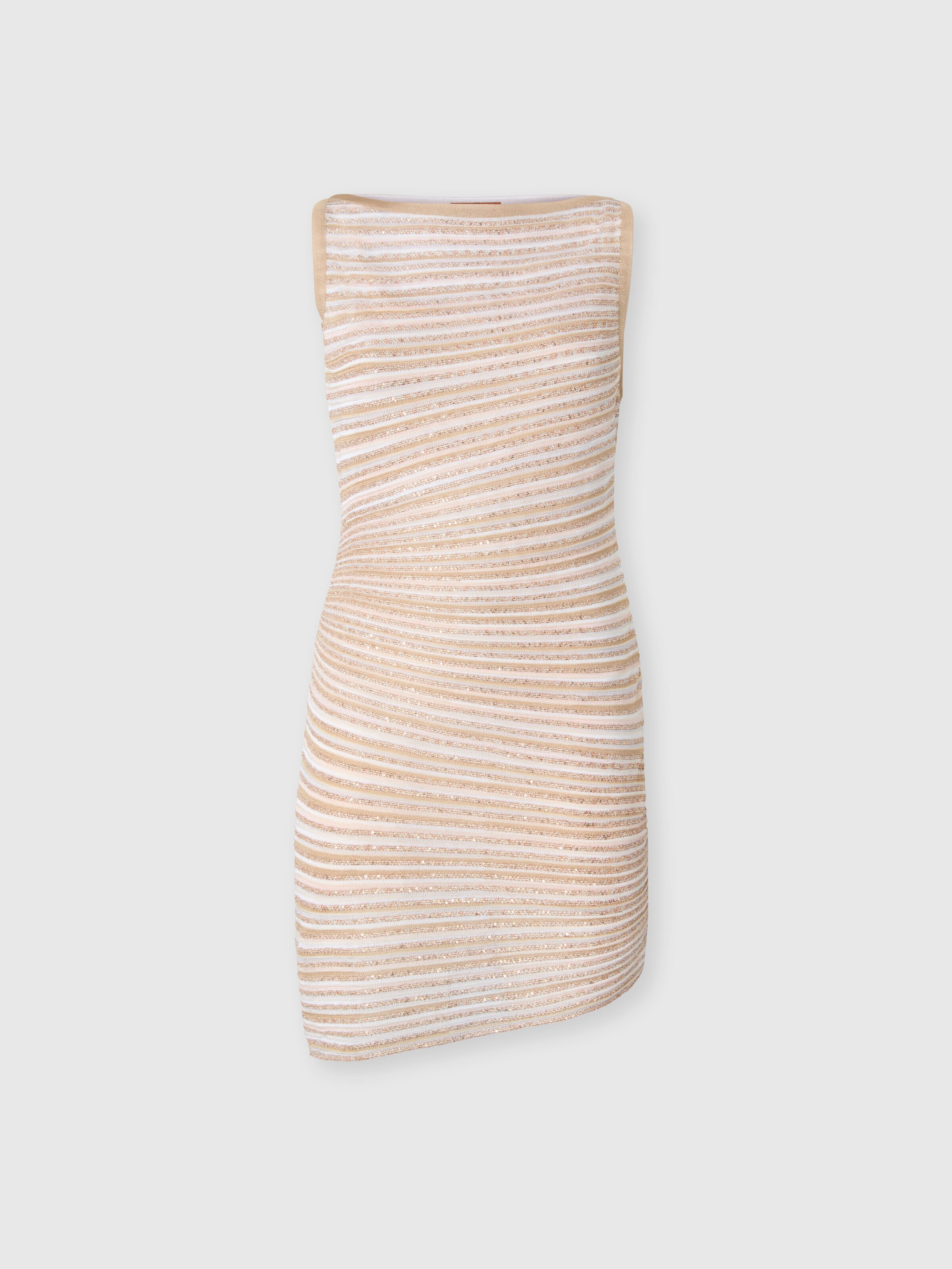 Boat Neck Mini Dress with Lamé Stripes, White  - 0