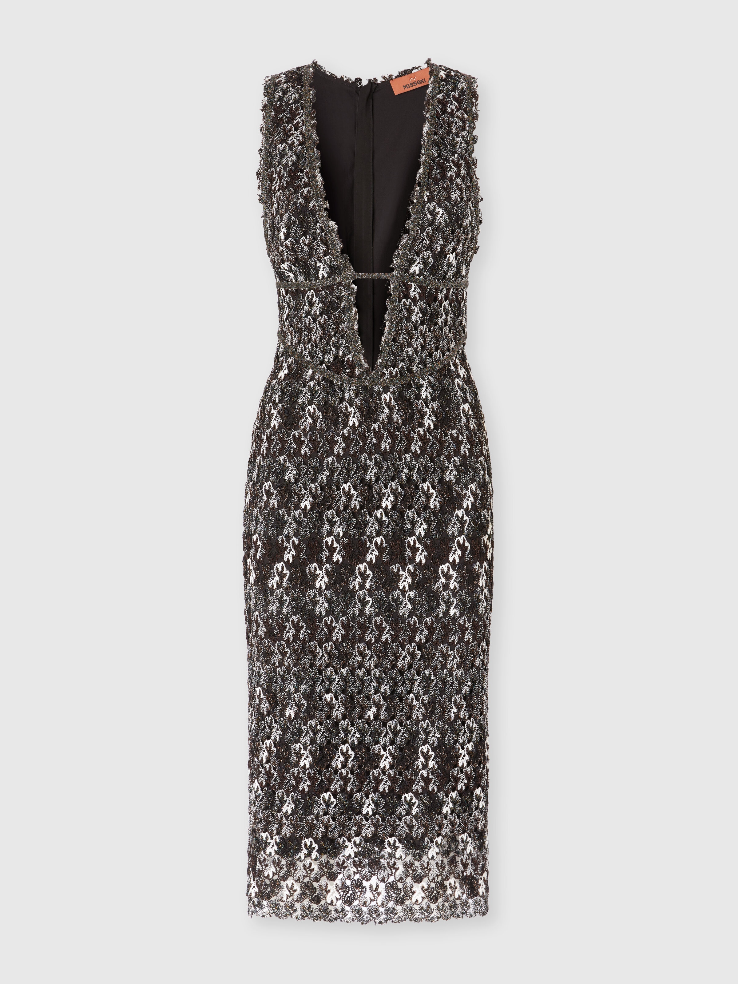 Midi Dress with V-Neck and Embroidered Lace, Black & Brown - 0