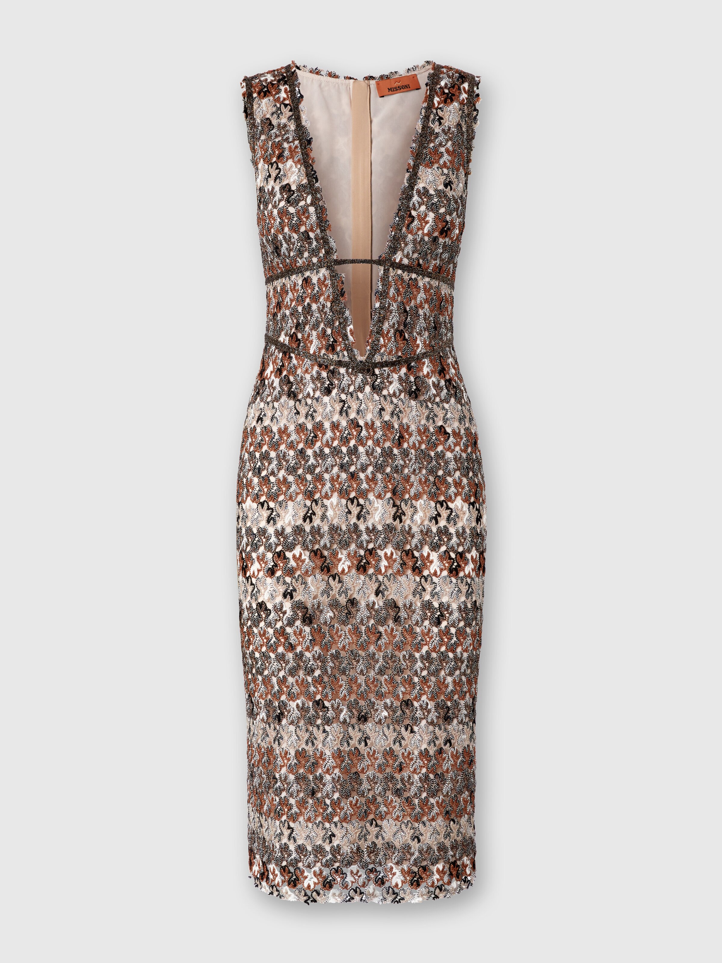 Abito midi con scollo a V in pizzo operato, Beige - 0