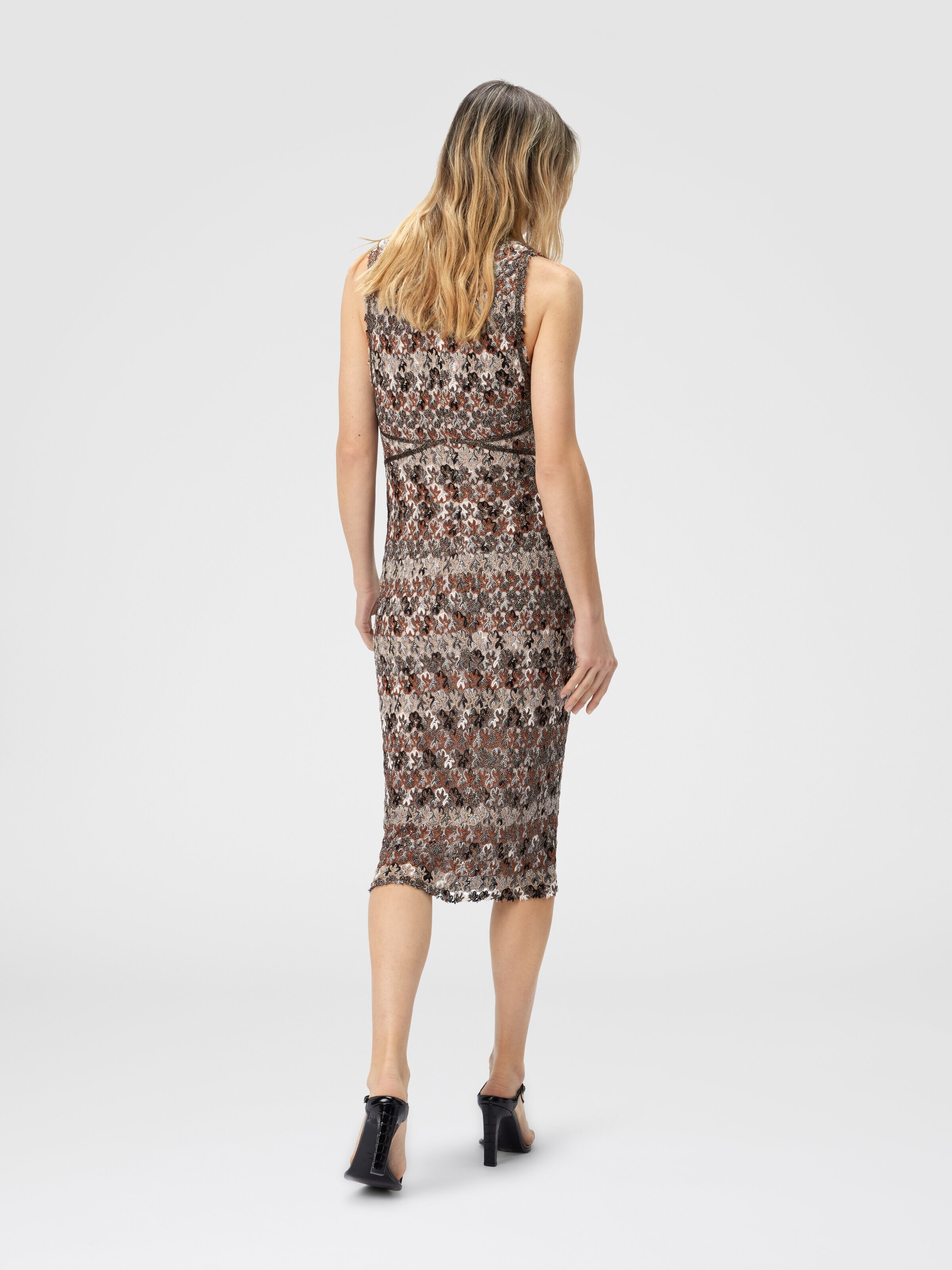 Abito midi con scollo a V in pizzo operato, Beige - 2