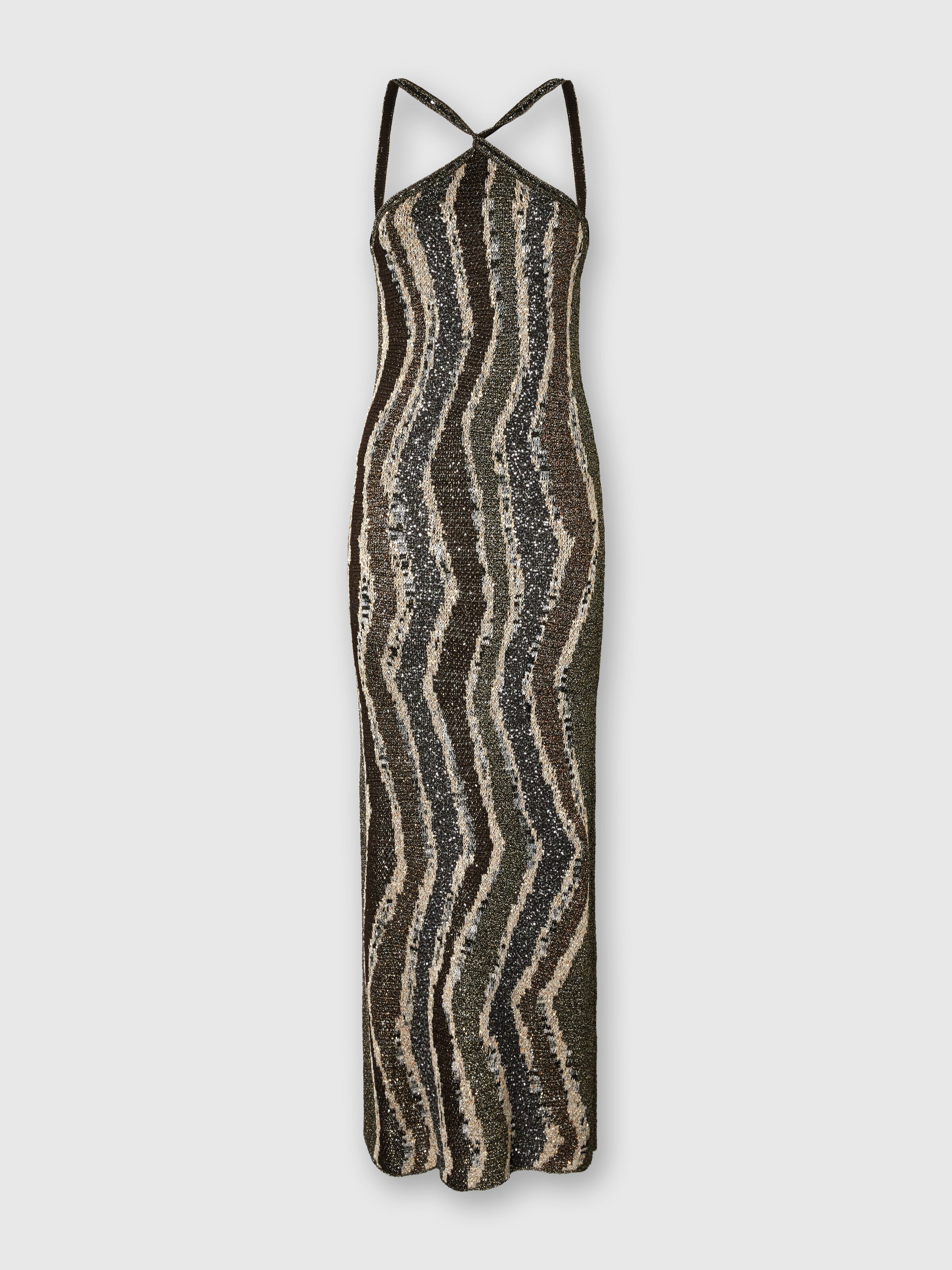 Long Dress with Wave Pattern, Brown - 0