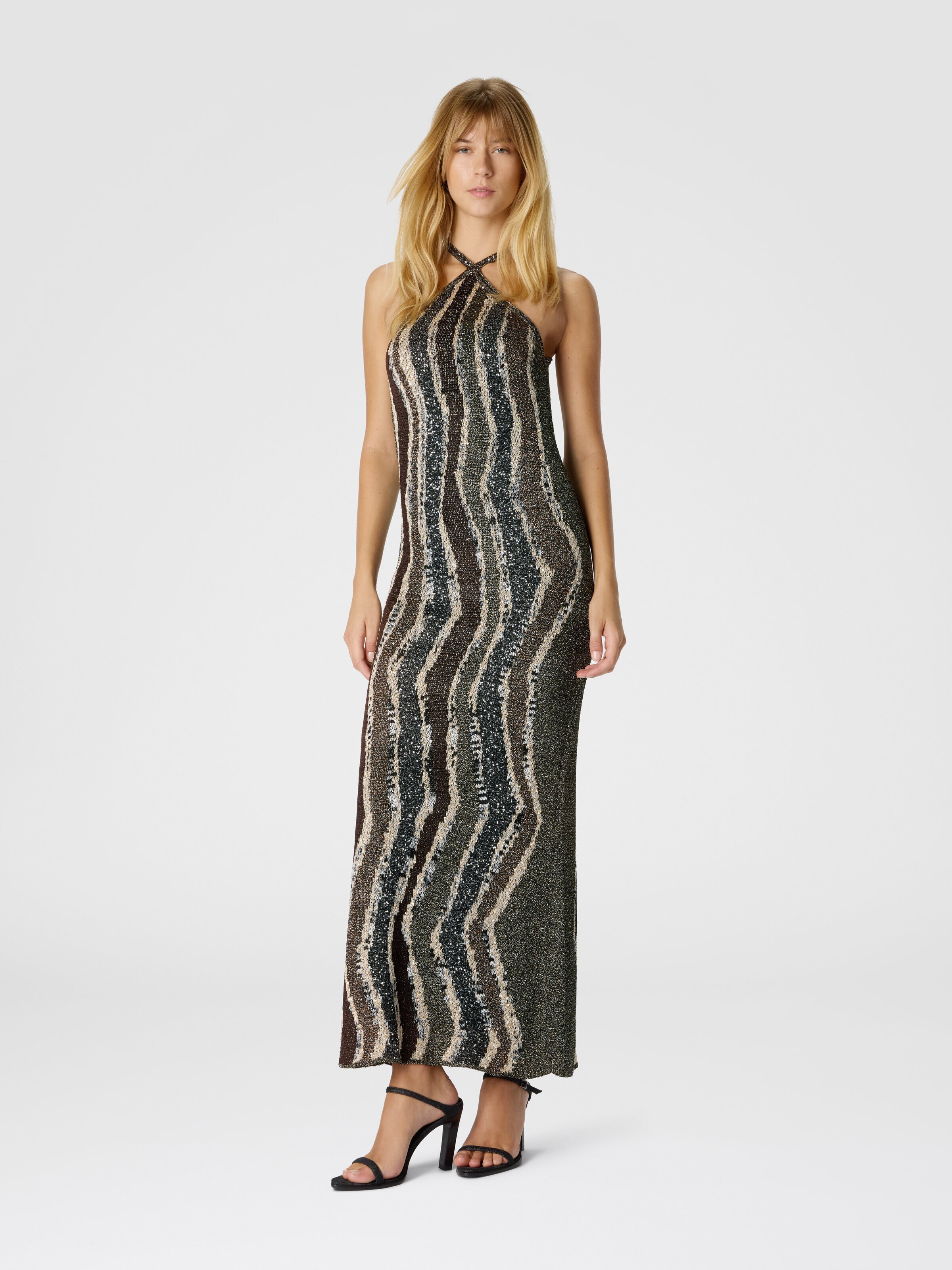 Long Dress with Wave Pattern, Brown - 1